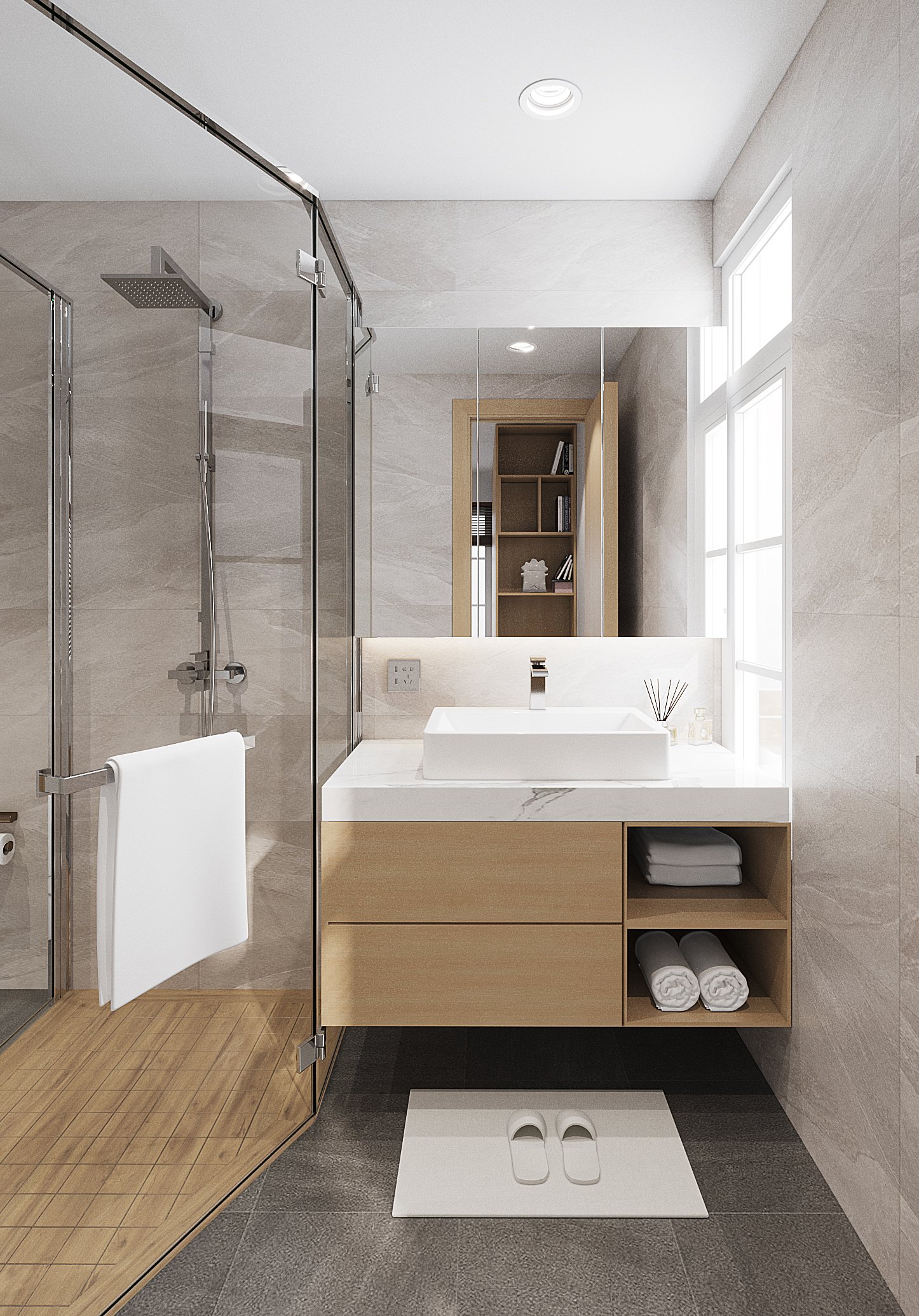 Phòng tắm, phong cách Japandi, thiết kế concept nội thất, nhà phố liền kề NovaWorld Phan Thiết.