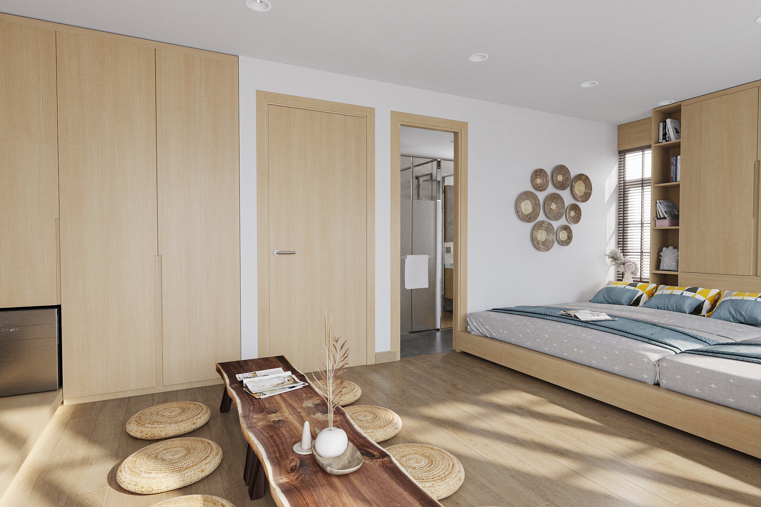Phòng ngủ, phong cách Japandi, thiết kế concept nội thất, nhà phố liền kề NovaWorld Phan Thiết.