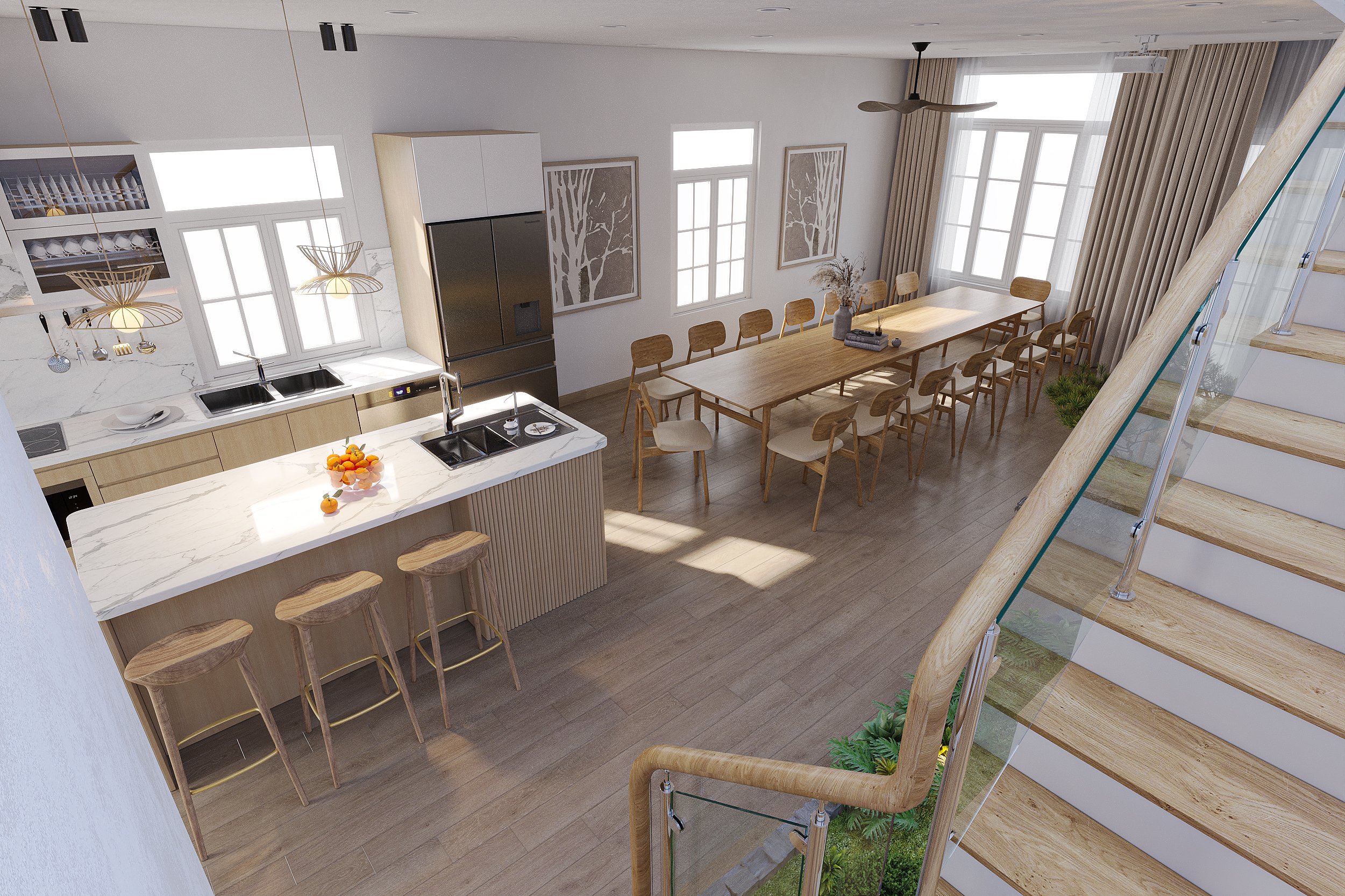 Phòng ăn, phòng bếp, phong cách Japandi, thiết kế concept nội thất, nhà phố liền kề NovaWorld Phan Thiết.