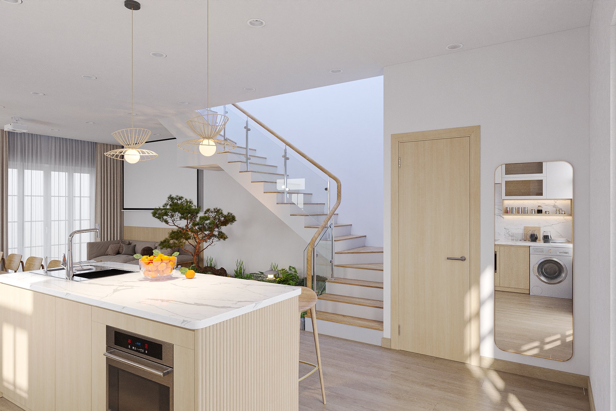 Phòng bếp, phong cách Japandi, thiết kế concept nội thất, nhà phố liền kề NovaWorld Phan Thiết.