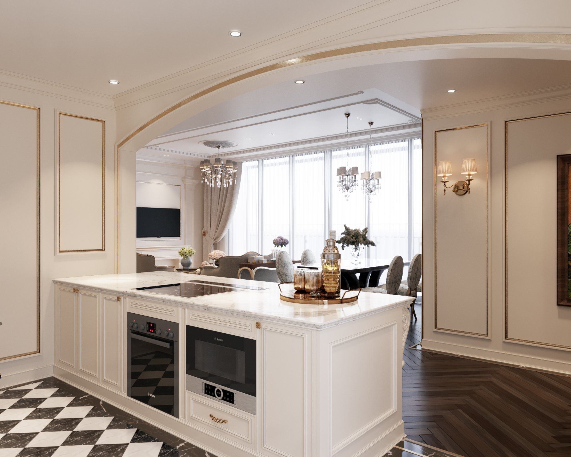 Phòng bếp, phong cách tân cổ điển Neo Classic, thiết kế concept nội thất, nhà phố Verosa Park Khang Điền