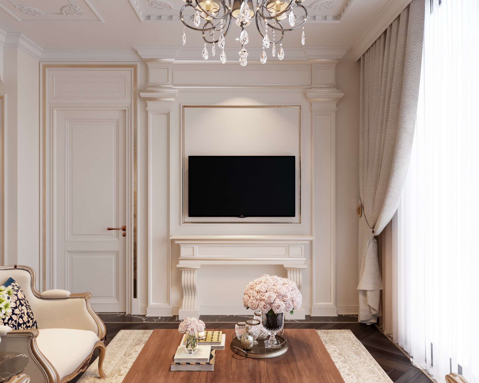 Phòng khách, phong cách tân cổ điển Neo Classic, thiết kế concept nội thất, nhà phố Verosa Park Khang Điền