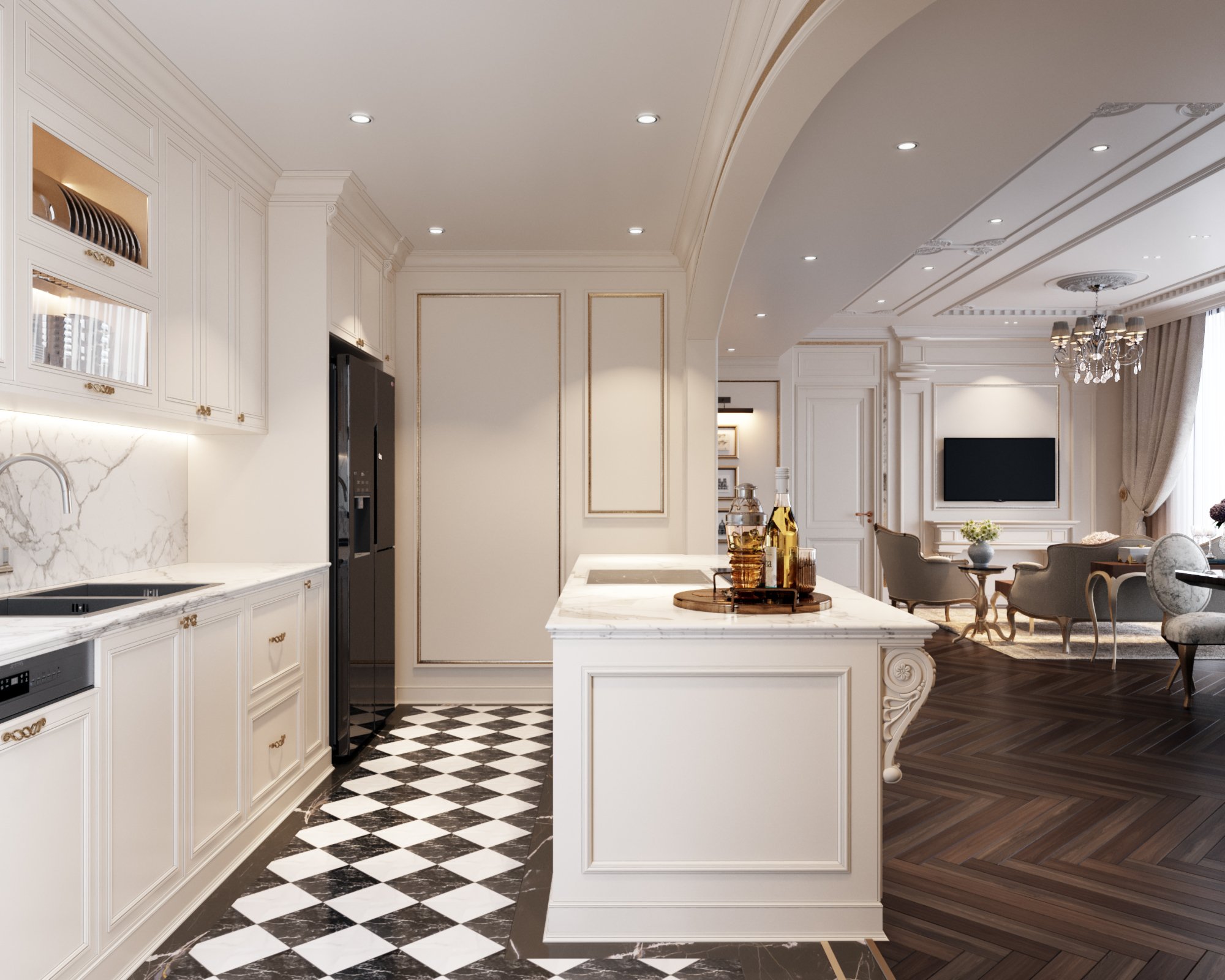 Phòng bếp, phong cách tân cổ điển Neo Classic, thiết kế concept nội thất, nhà phố Verosa Park Khang Điền