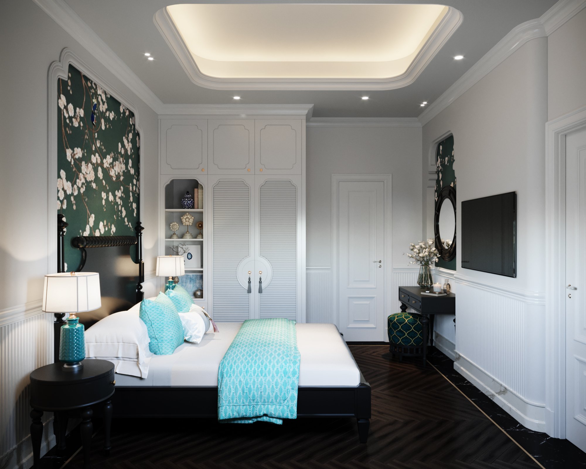 Phòng ngủ, phong cách Đông Dương Indochine, thiết kế concept nội thất, nhà phố Verosa Park Khang Điền