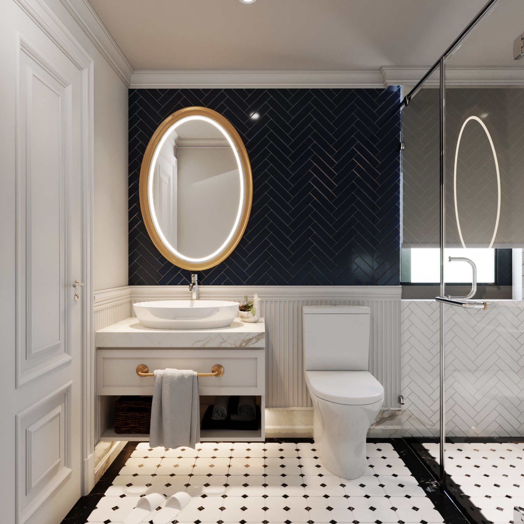 Phòng tắm, phong cách tân cổ điển Neo Classic, thiết kế concept nội thất, nhà phố Verosa Park Khang Điền