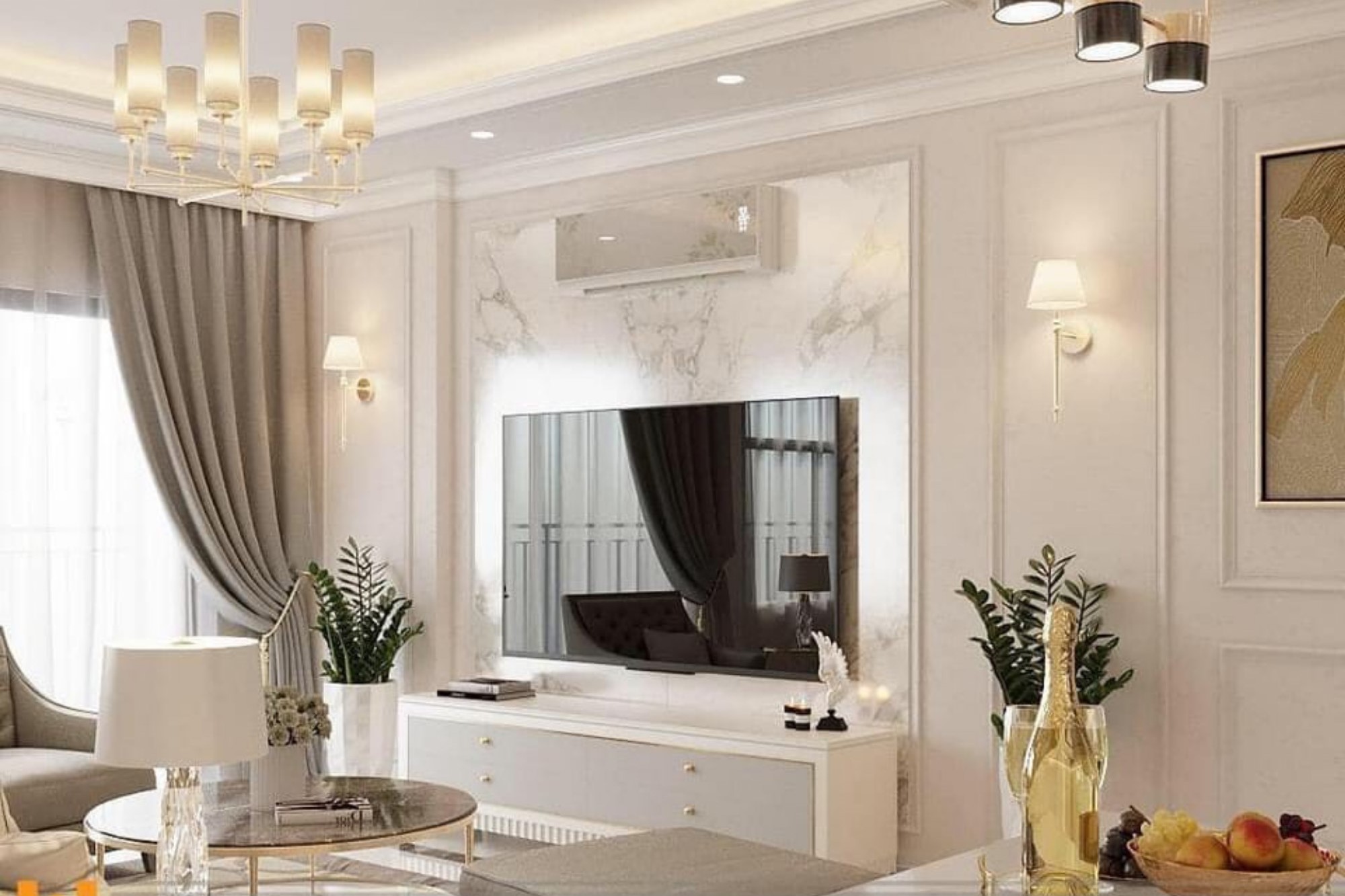 Phòng khách, phong cách tân cổ điển Neo Classic, thiết kế concept nội thất, căn hộ Viva Riverside