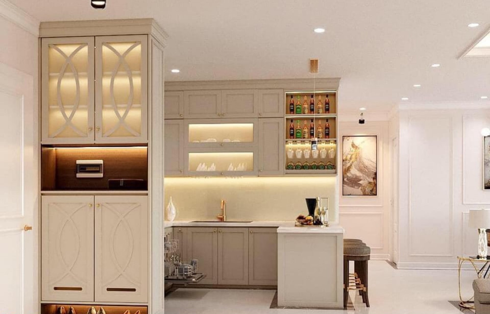 Lối vào, phòng bếp, phong cách tân cổ điển Neo Classic, thiết kế concept nội thất, căn hộ Viva Riverside