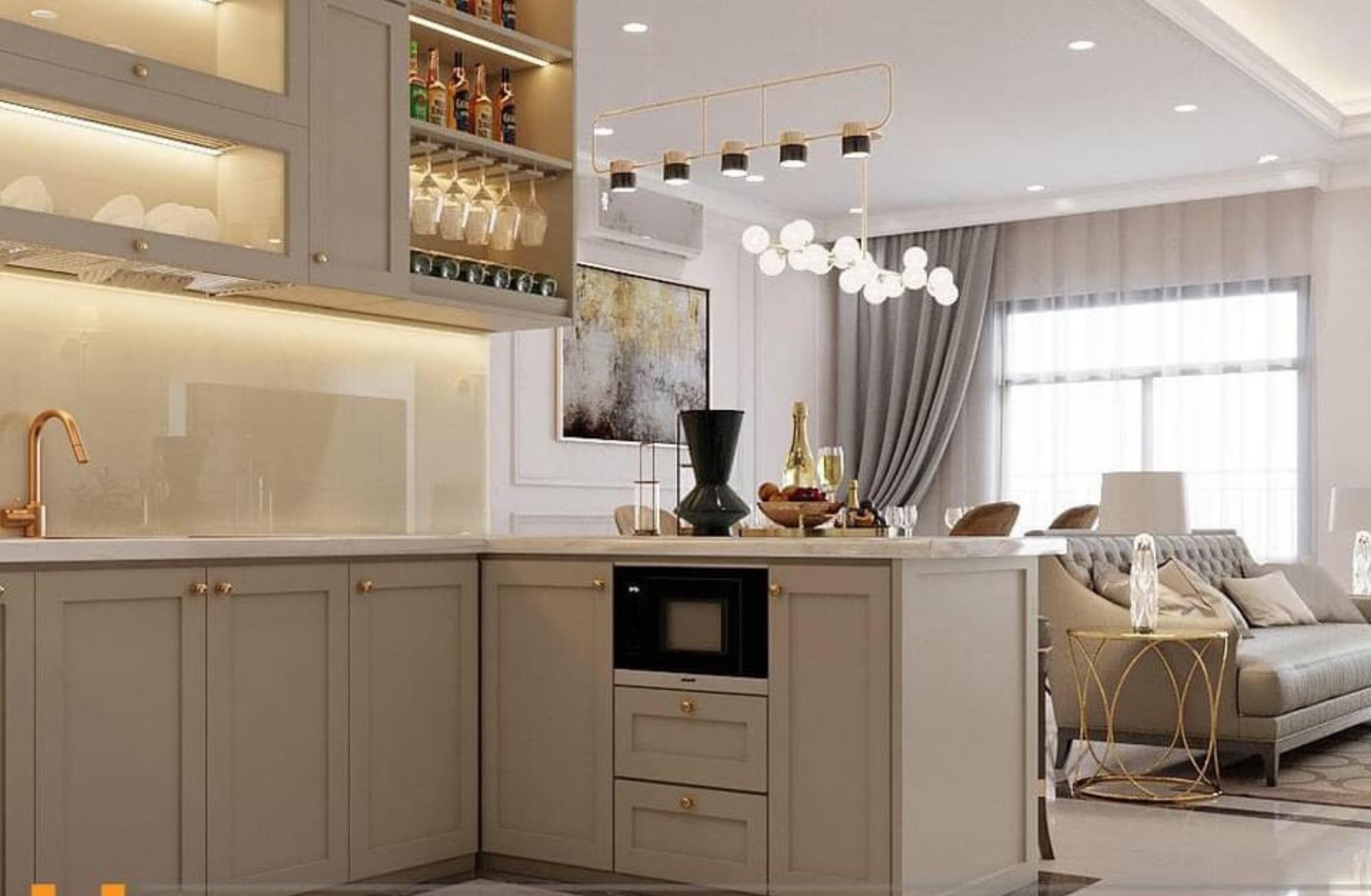Phòng bếp, phong cách tân cổ điển Neo Classic, thiết kế concept nội thất, căn hộ Viva Riverside