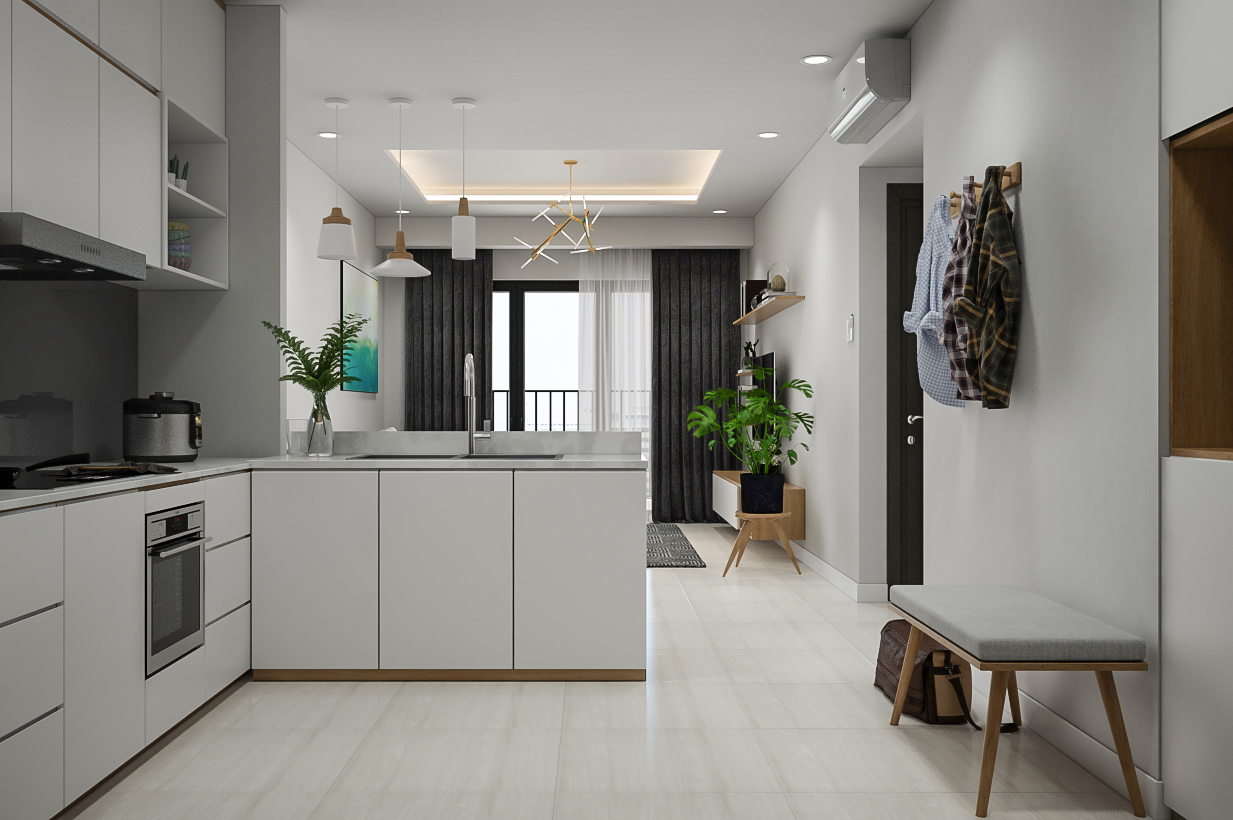 Phòng bếp, phong cách Bắc Âu Scandinavian, thiết kế concept nội thất, căn hộ Gold View