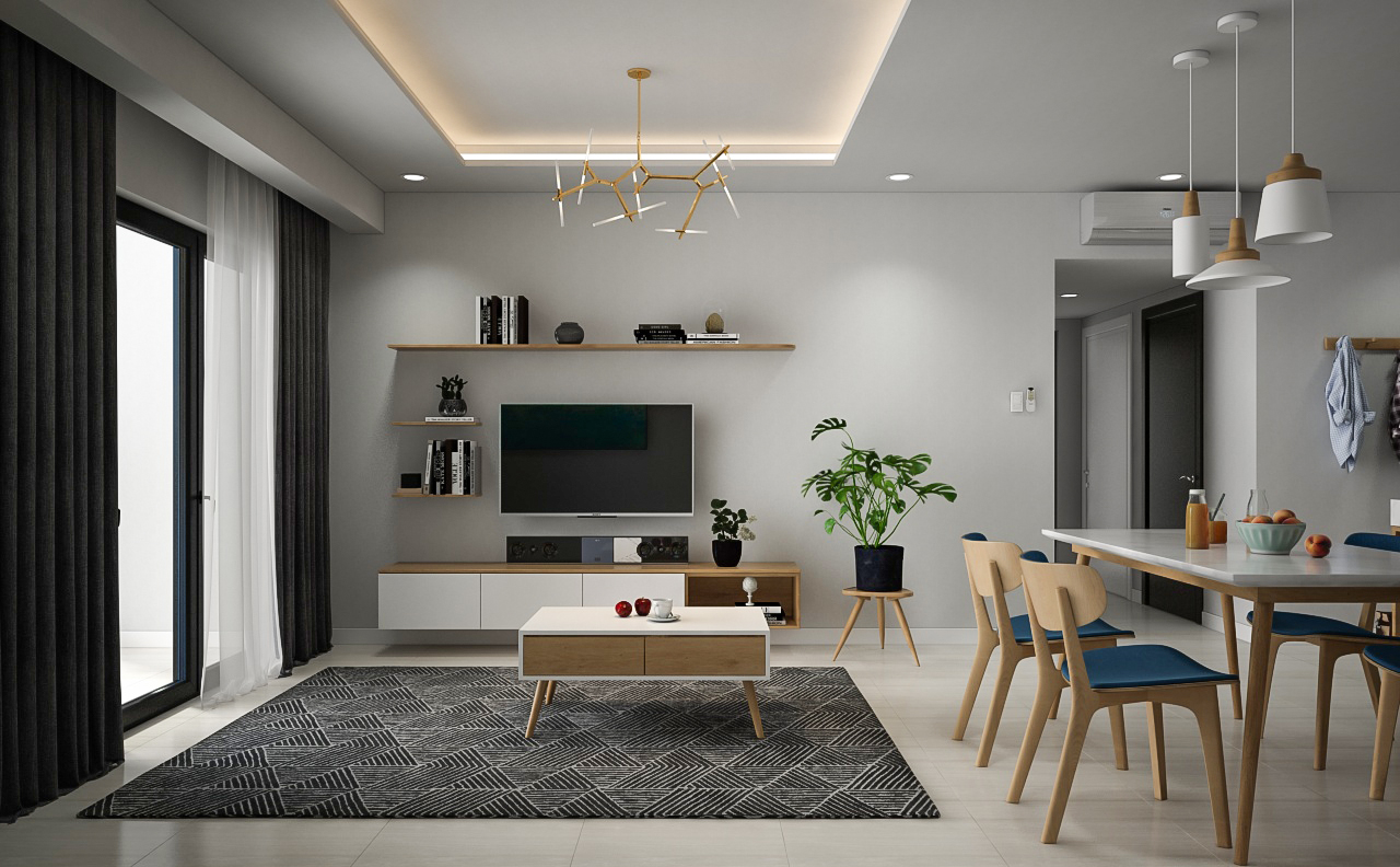 Phòng ăn, phòng khách, phong cách Bắc Âu Scandinavian, thiết kế concept nội thất, căn hộ Gold View
