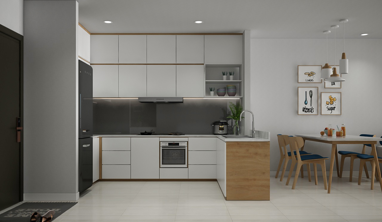 Phòng bếp, phong cách Bắc Âu Scandinavian, thiết kế concept nội thất, căn hộ Gold View