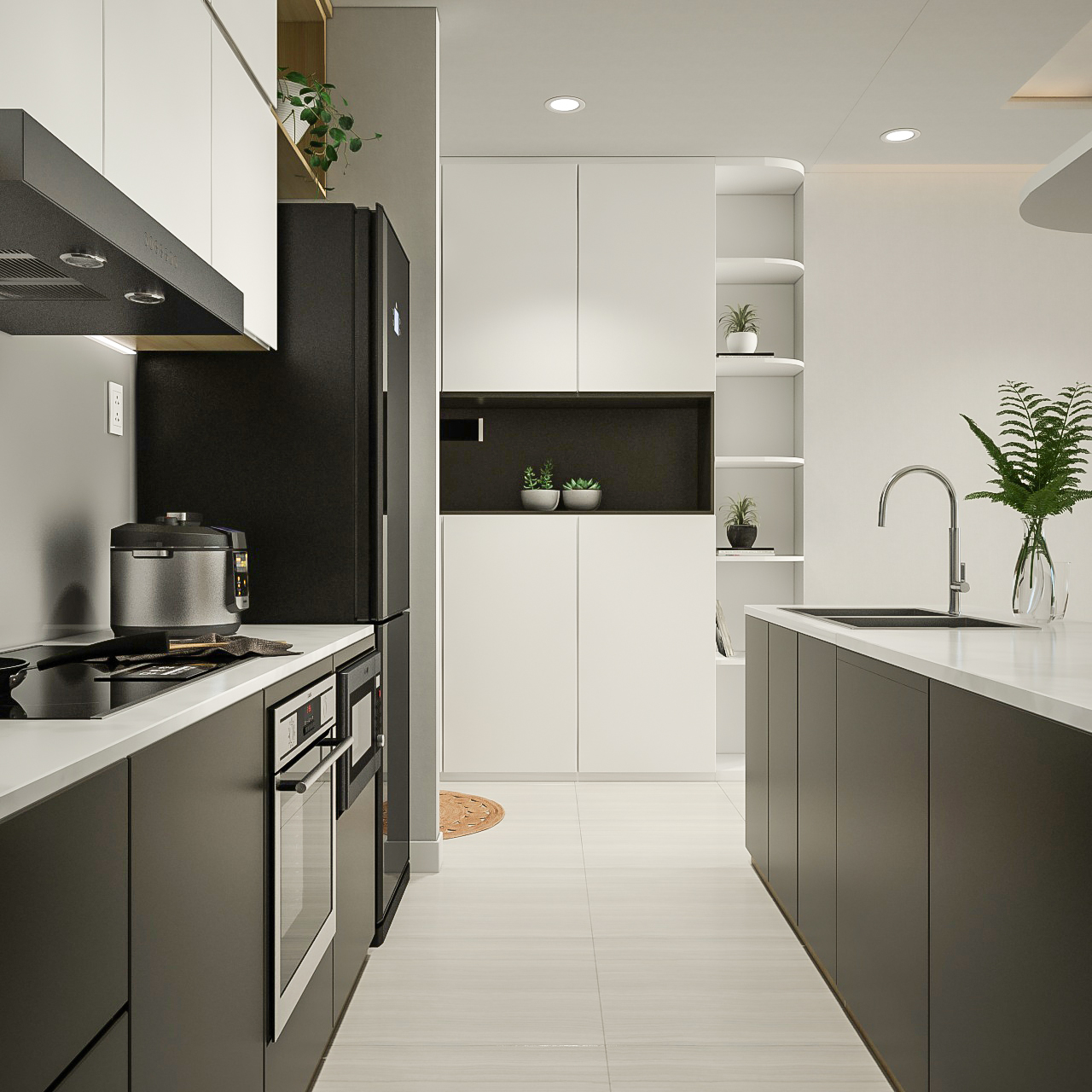 Lối vào, phòng bếp, phong cách Tối giản Minimalist, thiết kế concept nội thất, căn hộ The Tresor