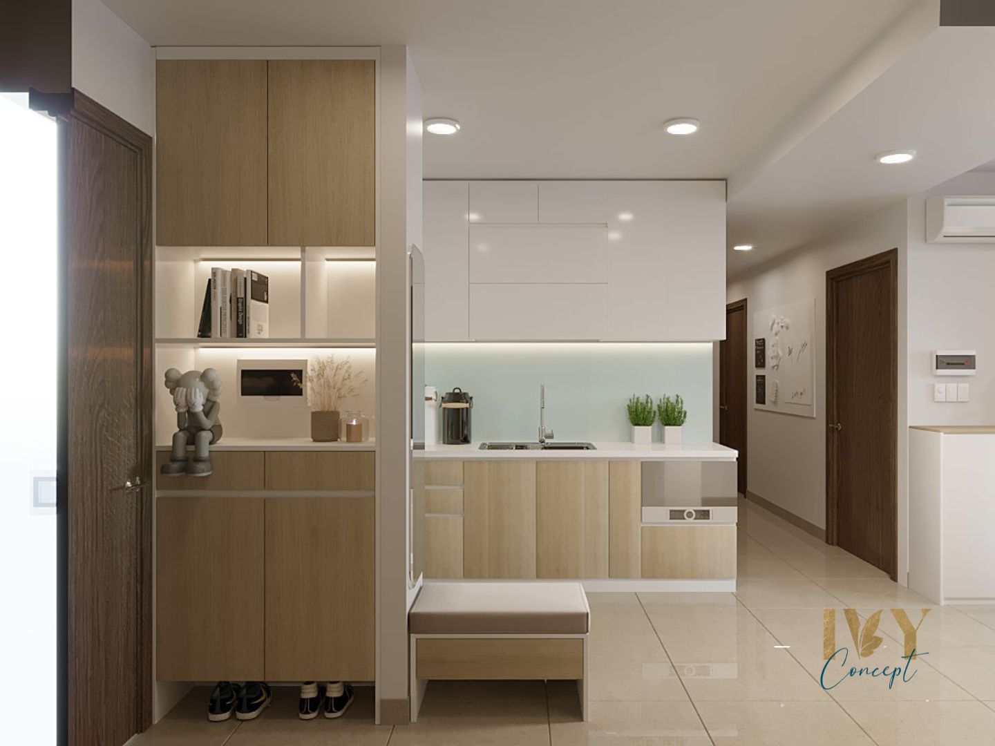 Lối vào, phòng bếp, phong cách Hiện đại Modern, thiết kế concept nội thất, căn hộ River Panorama