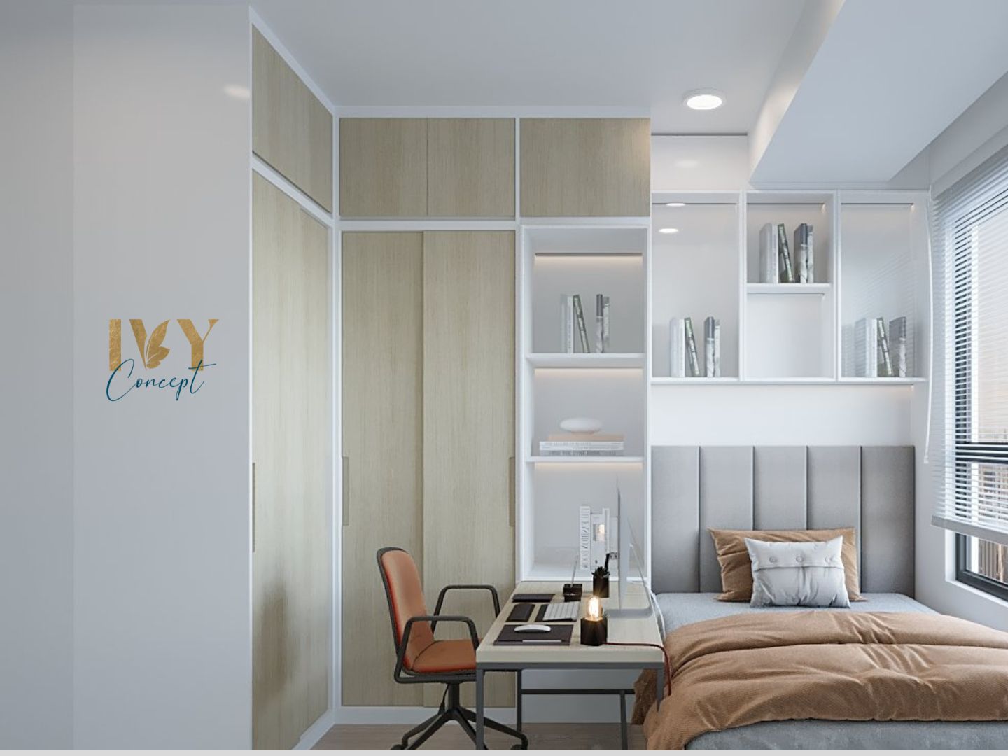 Phòng ngủ, phòng làm việc, phong cách Hiện đại Modern, thiết kế concept nội thất, căn hộ River Panorama