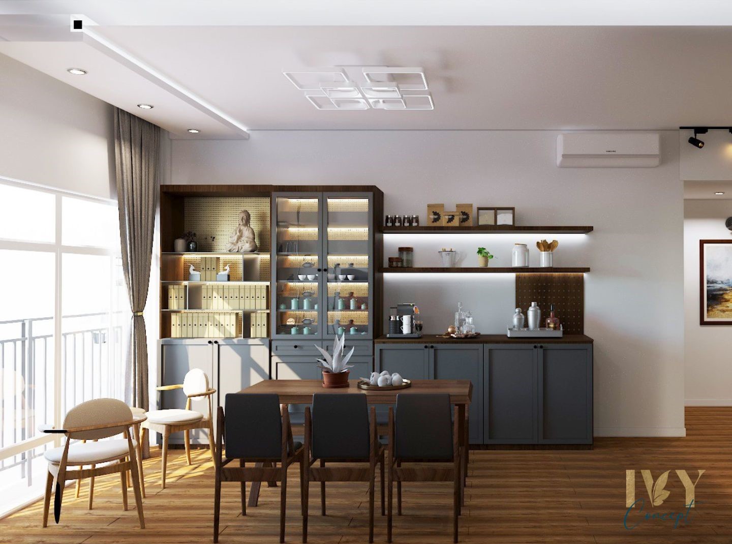 Phòng ăn, phong cách Công nghiệp Industrial, thiết kế concept nội thất, căn hộ Tản Đà Court