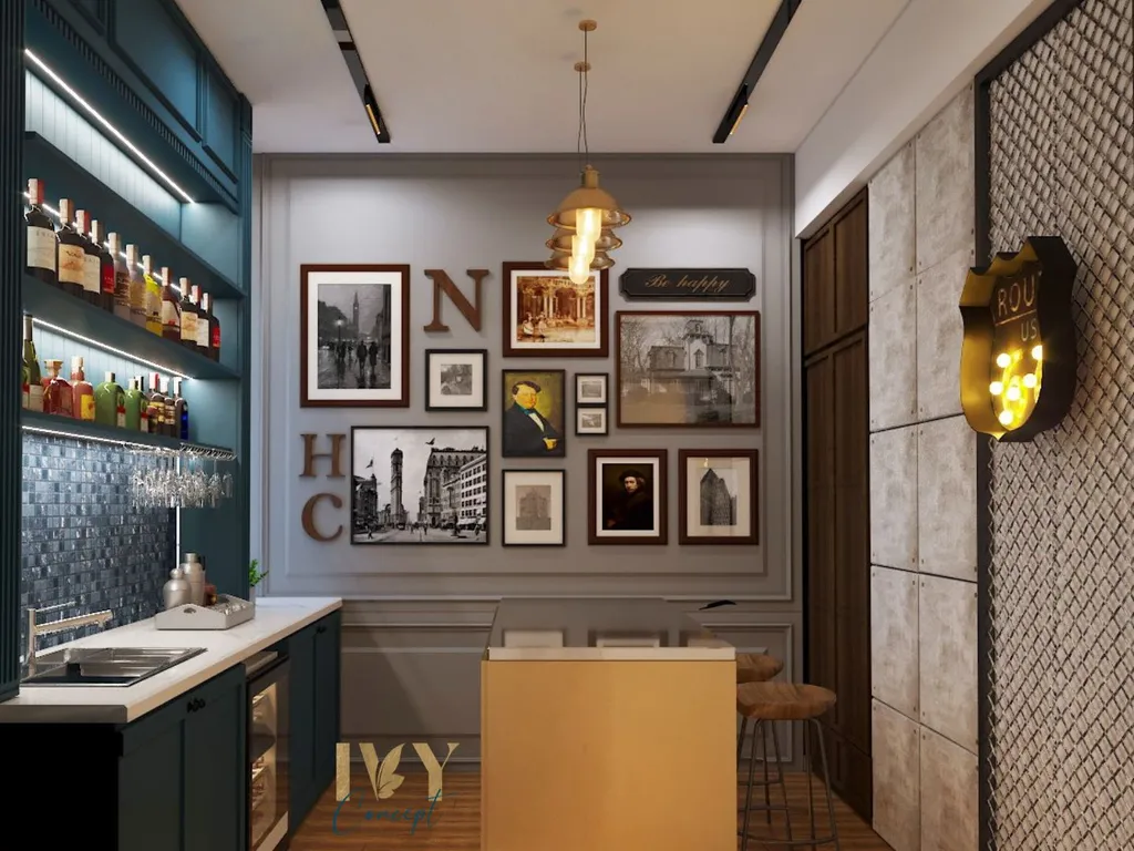 Phòng giải trí, quầy bar, phong cách Công nghiệp Industrial, thiết kế concept nội thất, căn hộ Tản Đà Court