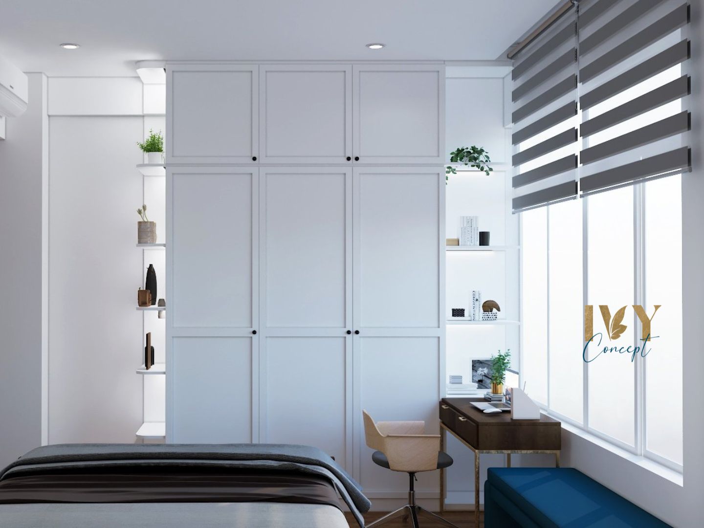 Phòng ngủ, phong cách Công nghiệp Industrial, thiết kế concept nội thất, căn hộ Tản Đà Court