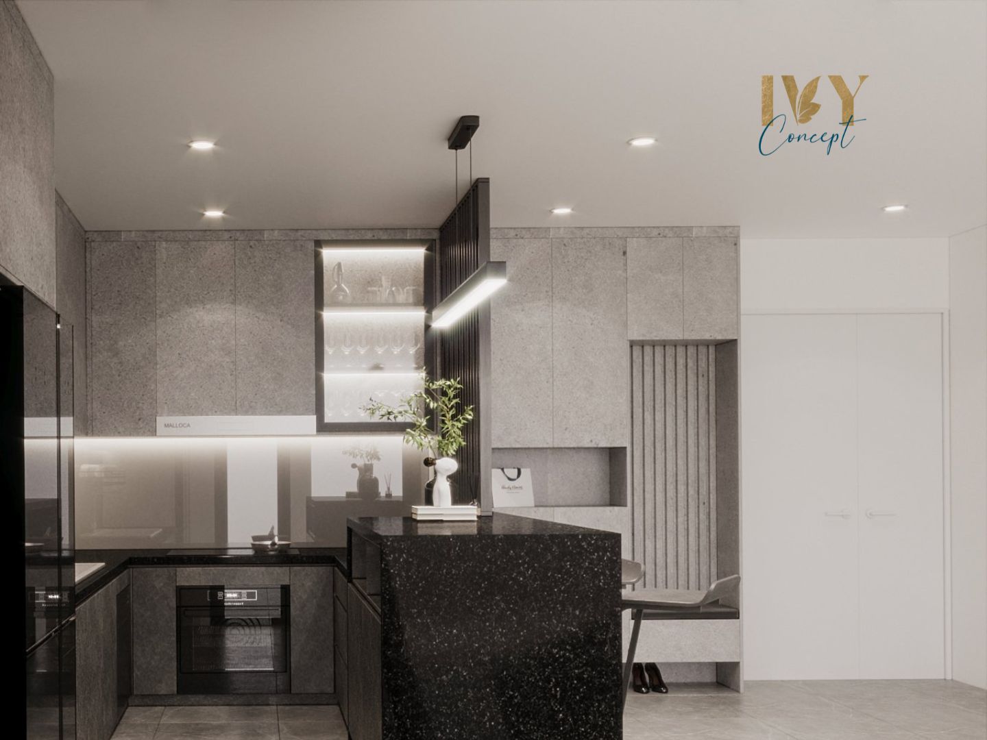 Lối vào, phòng bếp, phong cách Tối giản Minimalist, thiết kế concept nội thất, căn hộ PetroVietnam Landmark