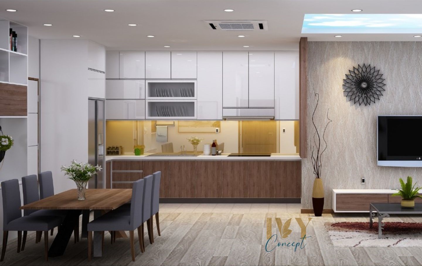 Phòng bếp, phòng ăn, phong cách Hiện đại Modern, thiết kế concept nội thất, căn hộ PetroVietnam Landmark