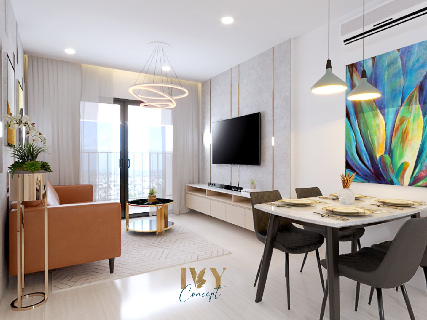Phòng khách, phòng ăn, phong cách Hiện đại Modern, thiết kế concept nội thất, căn hộ Vinhomes Grand Park