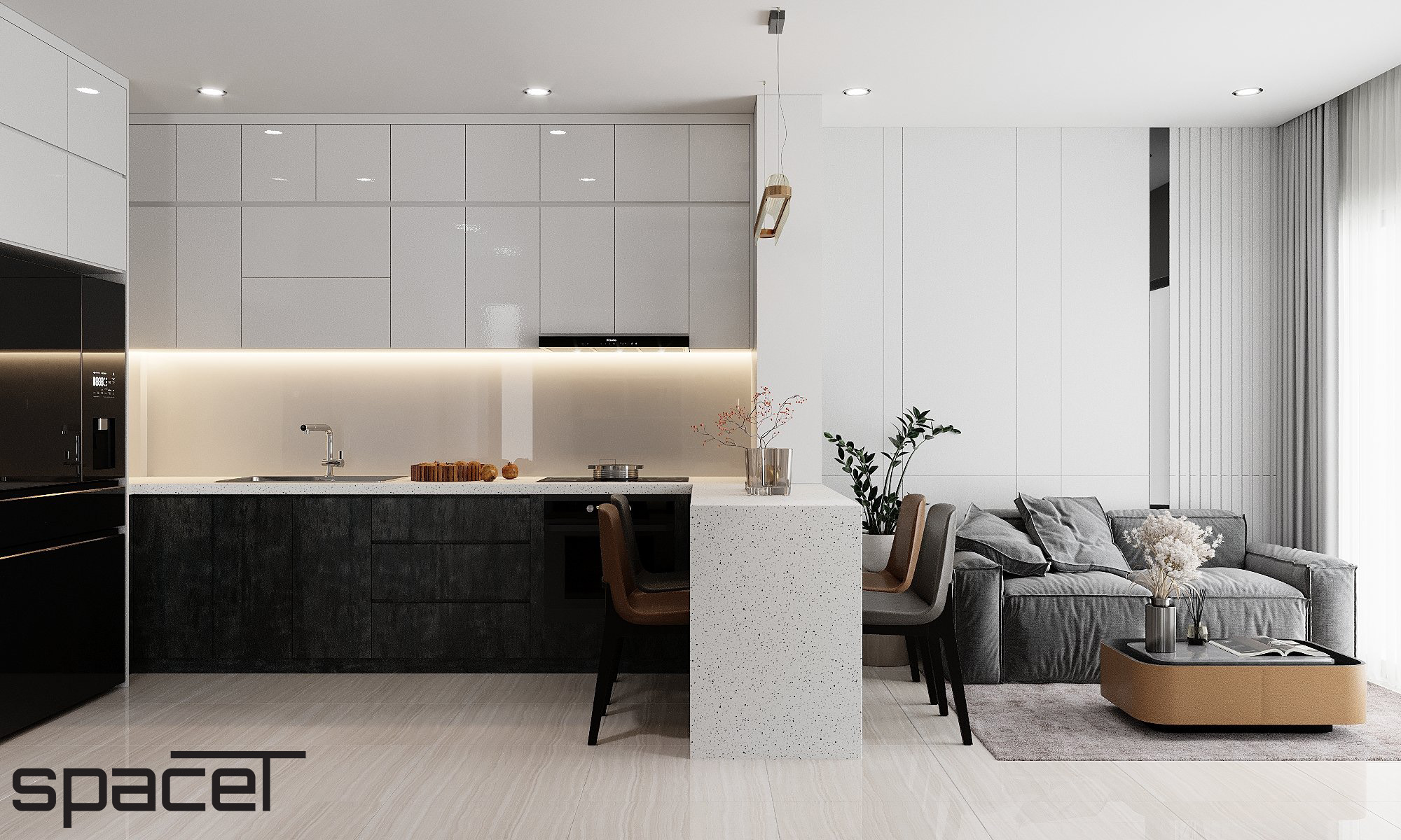 Phòng bếp, phòng ăn, phong cách Hiện đại Modern, thiết kế concept nội thất, căn hộ The Origami Vinhomes Grand Park