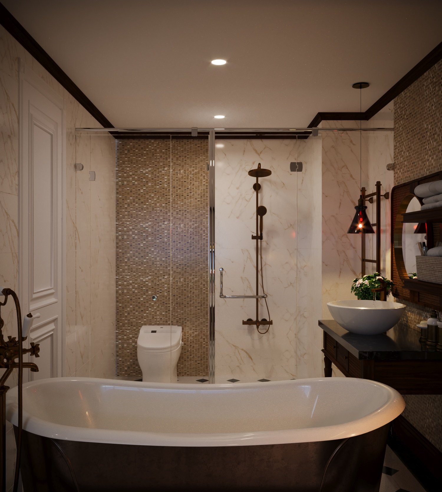 Phòng tắm, phong cách Indochine Đông Dương, thiết kế concept nội thất, nhà phố Nguyễn Trãi Quận 5