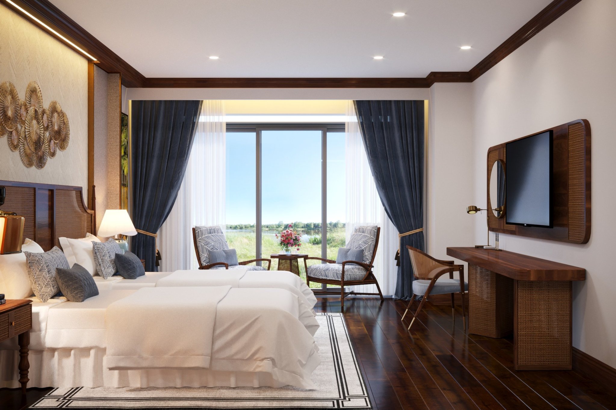 Phòng ngủ, phong cách Indochine Đông Dương, thiết kế concept nội thất, nhà phố Nguyễn Trãi Quận 5