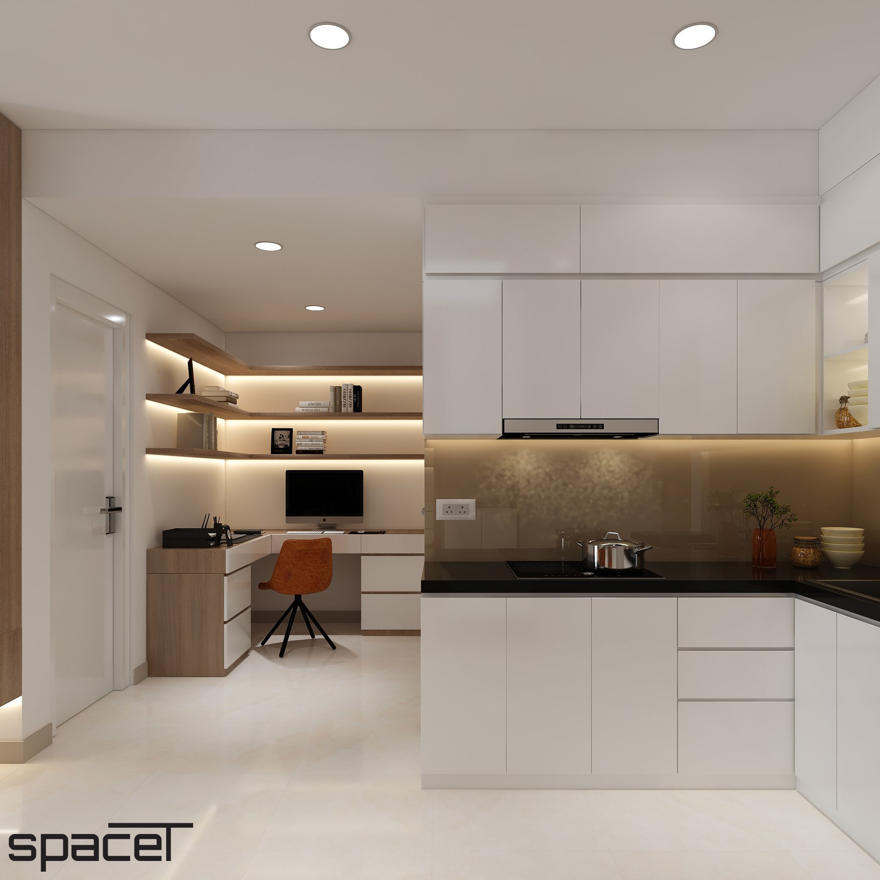 Phòng bếp, không gian làm việc, phong cách Hiện đại Modern, thiết kế concept nội thất, căn hộ chung cư Ricca