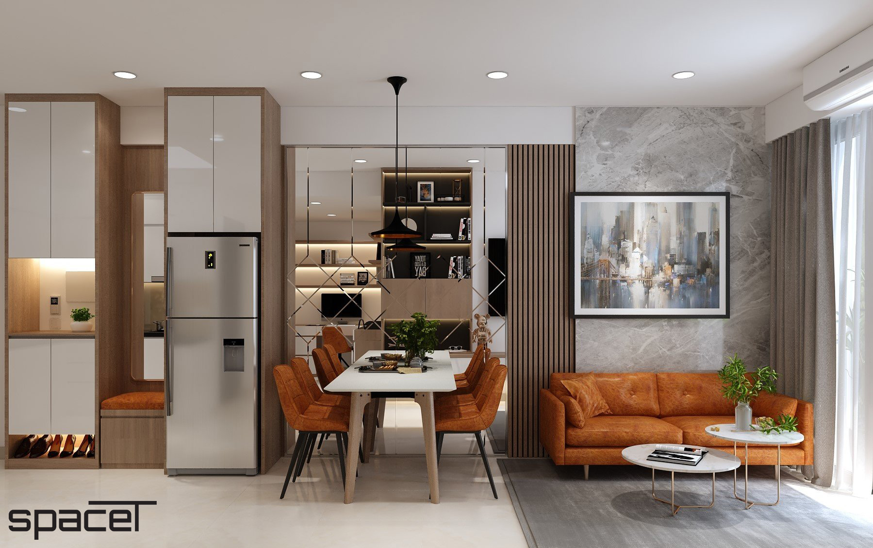 Phòng khách, phòng ăn, phong cách Hiện đại Modern, thiết kế concept nội thất, căn hộ chung cư Ricca
