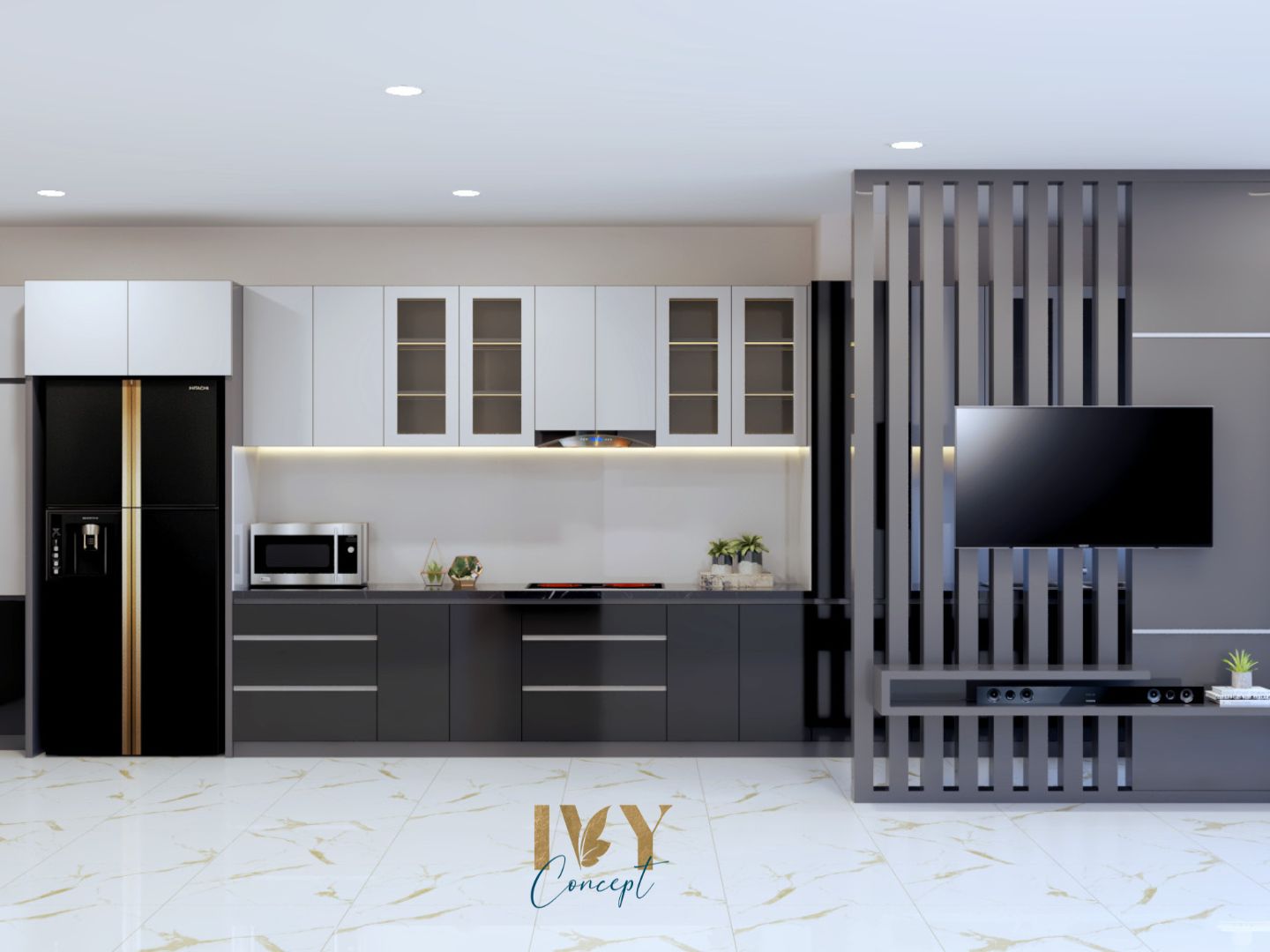 Phòng bếp, phòng khách, phong cách Hiện đại Modern, thiết kế concept nội thất, căn hộ Petro Landmark