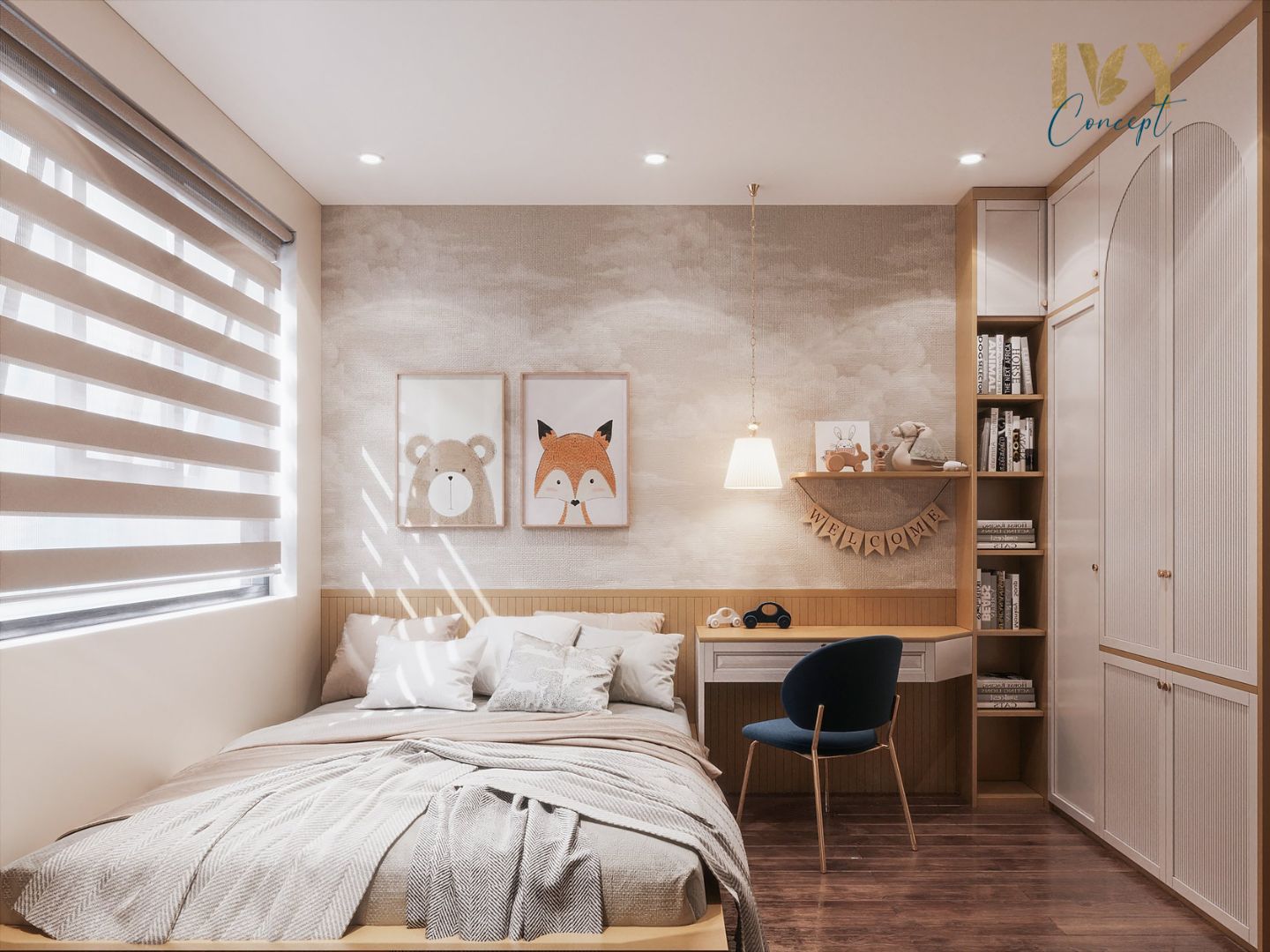 Phòng ngủ cho bé, phong cách Đông Dương Indochine, thiết kế concept nội thất, căn hộ Q7 Saigon Riverside Complex