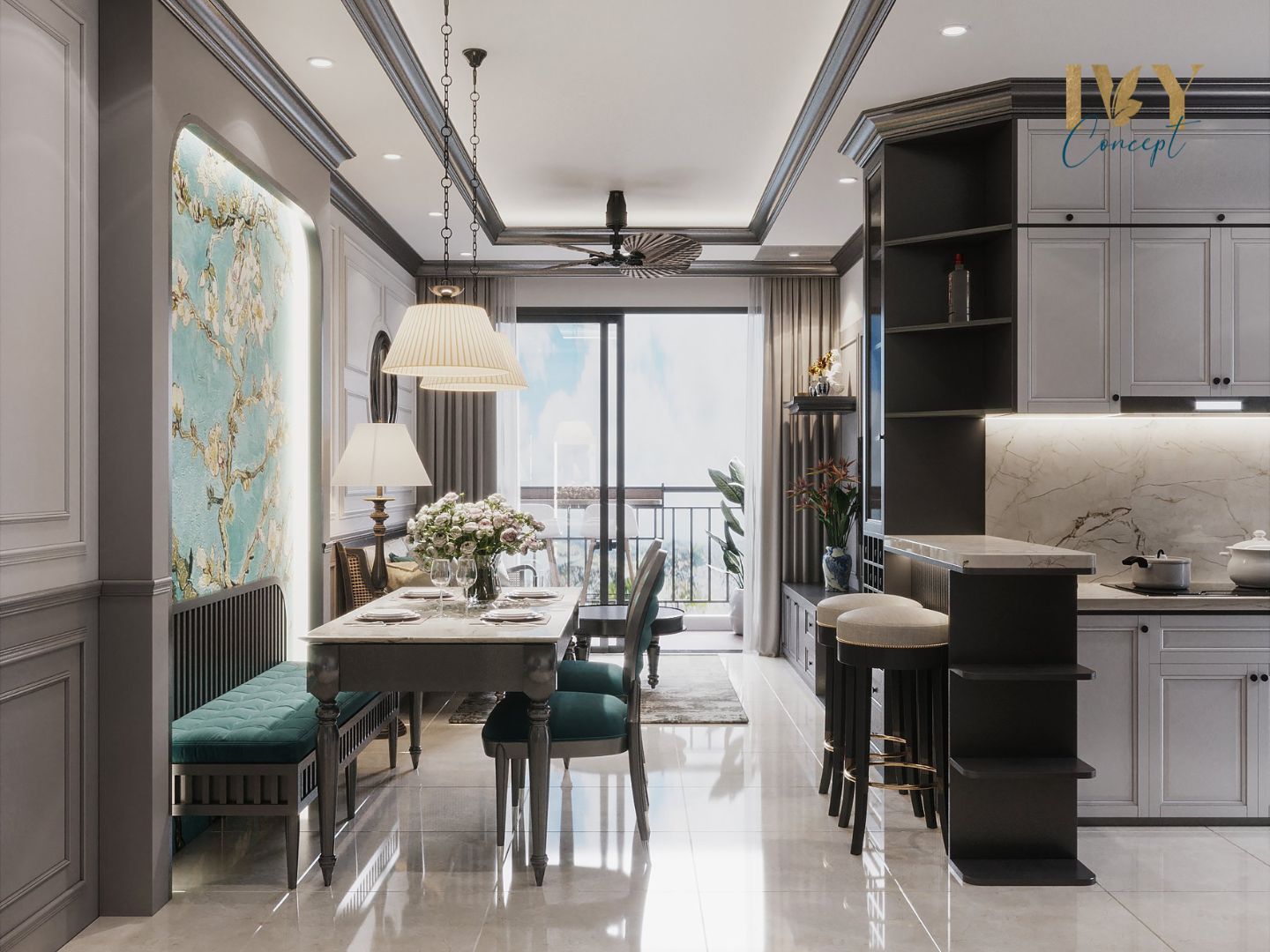 Phòng ăn, phòng bếp, phong cách Đông Dương Indochine, thiết kế concept nội thất, căn hộ Q7 Saigon Riverside Complex