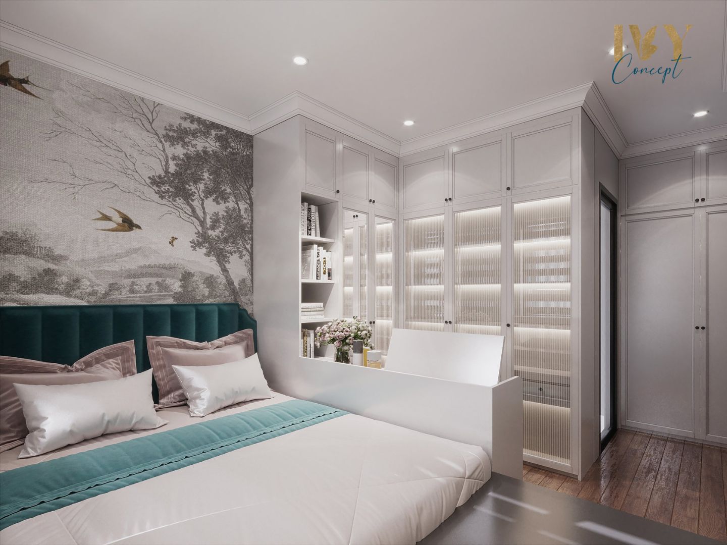 Phòng ngủ, phong cách Đông Dương Indochine, thiết kế concept nội thất, căn hộ Q7 Saigon Riverside Complex