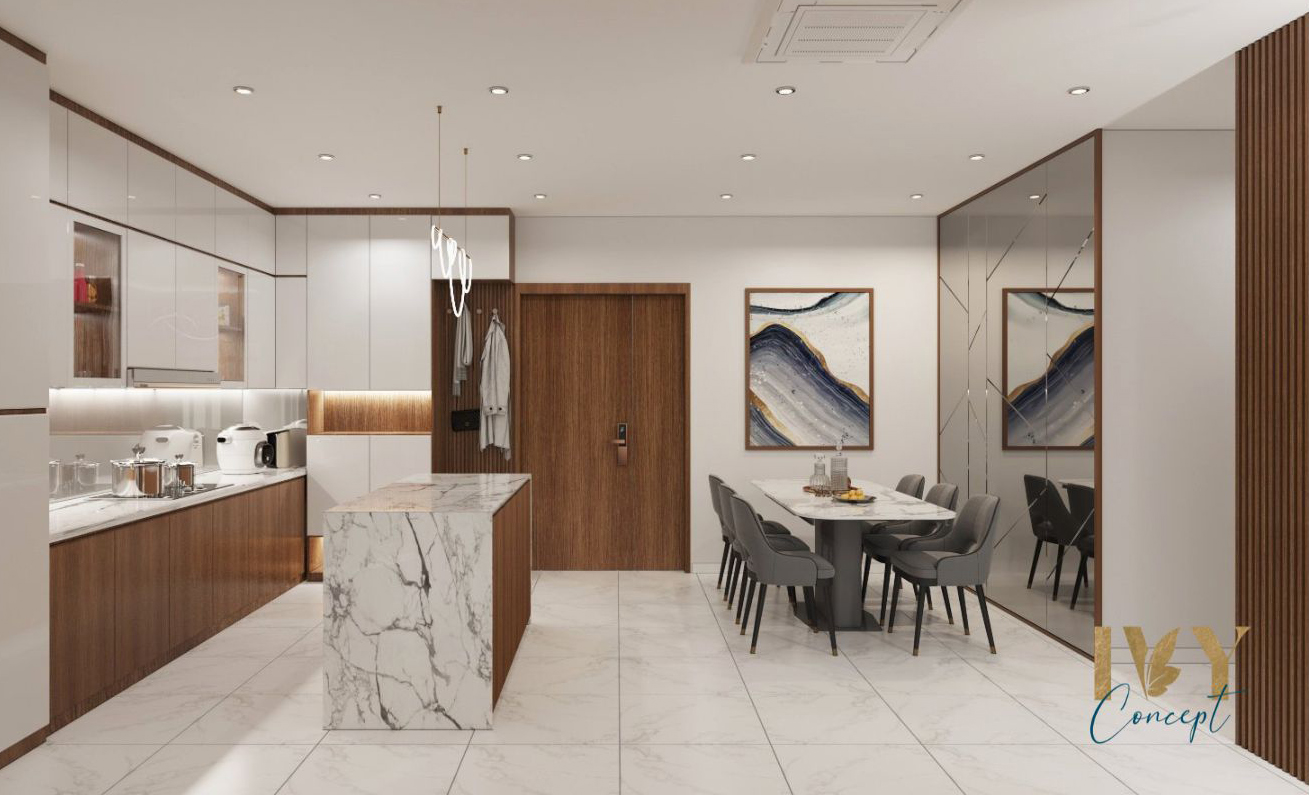 Phòng bếp, phòng ăn, phong cách Hiện đại Modern, thiết kế concept nội thất, căn hộ Petro Landmark