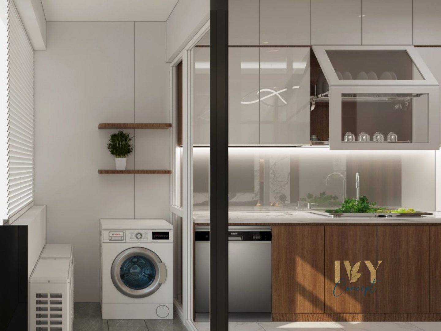 Phòng bếp, lô gia, phong cách Hiện đại Modern, thiết kế concept nội thất, căn hộ Petro Landmark