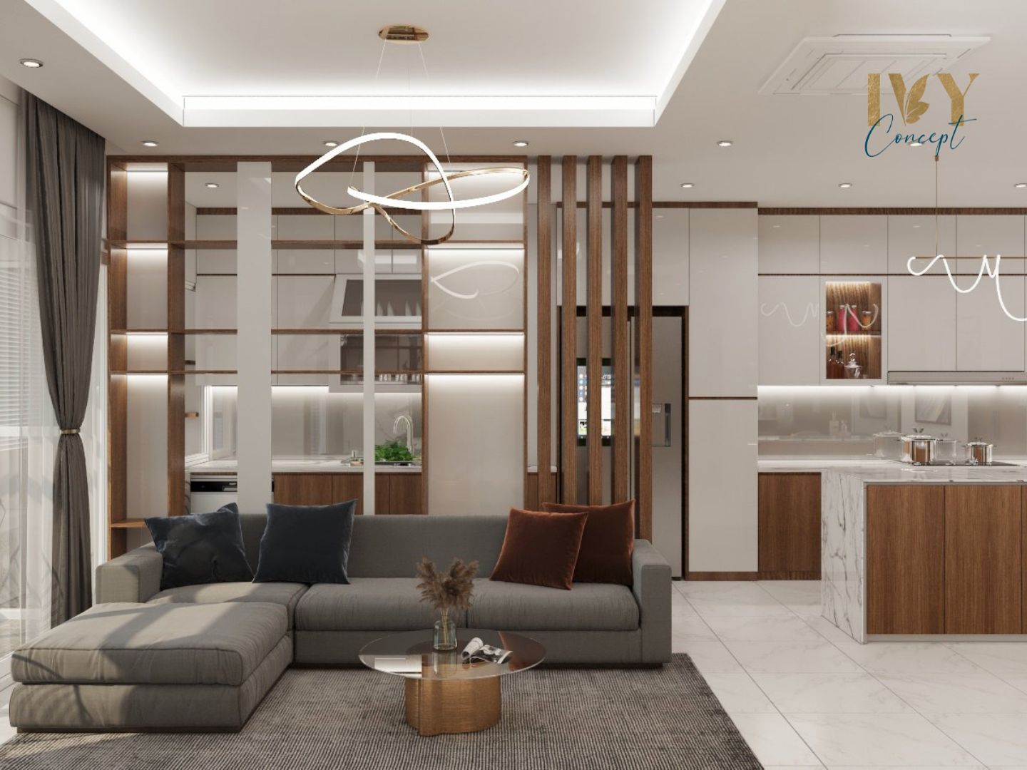 Phòng khách, phòng bếp, phong cách Hiện đại Modern, thiết kế concept nội thất, căn hộ Petro Landmark