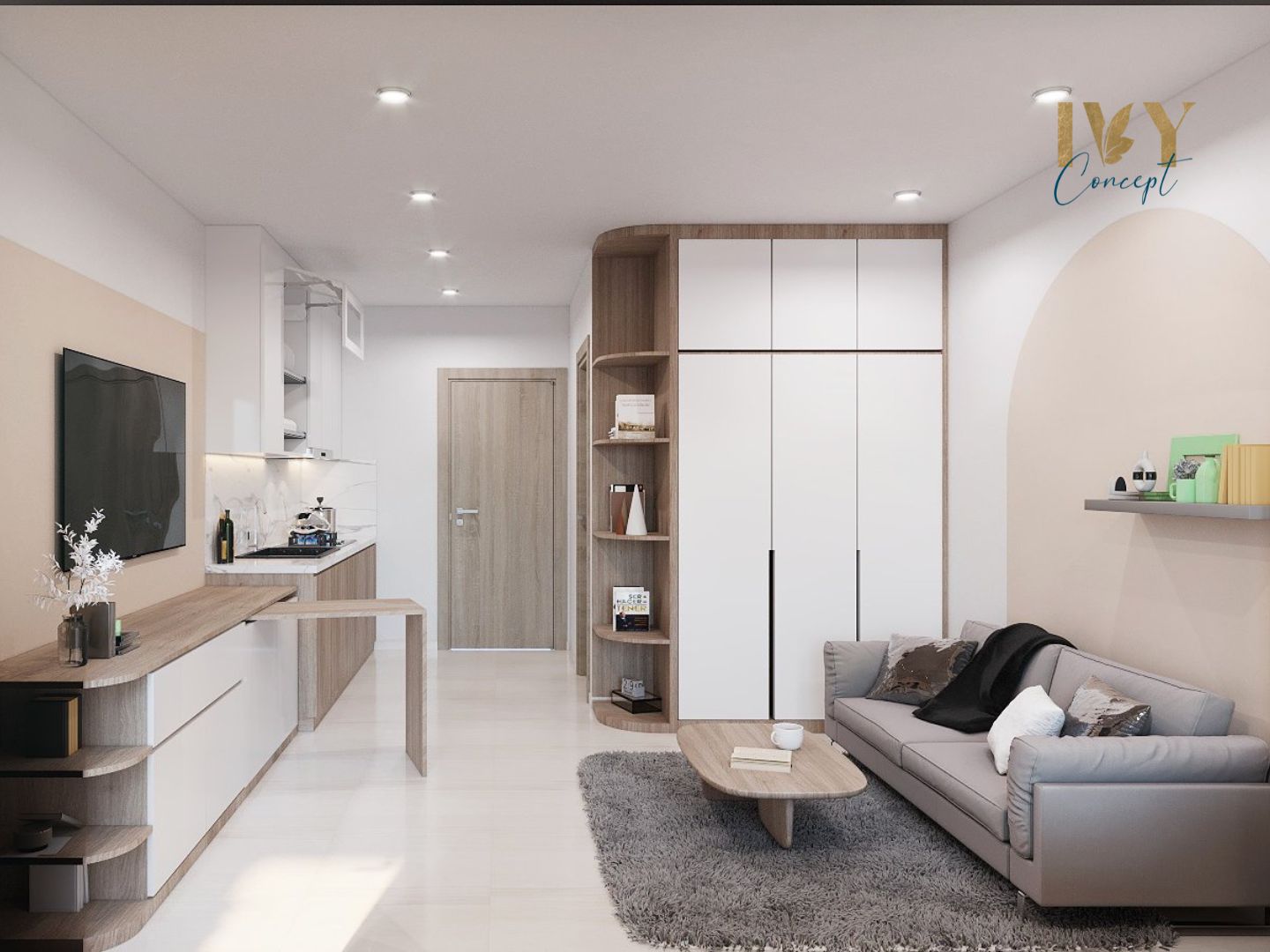 Phòng bếp, phòng khách, phong cách Nhật Bản x Bắc Âu Japandi, thiết kế concept nội thất, căn hộ studio Vinhomes Quận 9