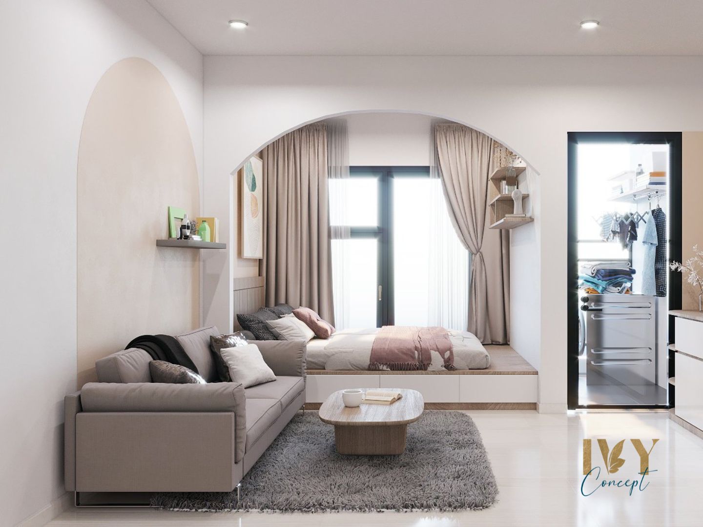 Phòng khách, phòng ngủ, phong cách Nhật Bản x Bắc Âu Japandi, thiết kế concept nội thất, căn hộ studio Vinhomes Quận 9