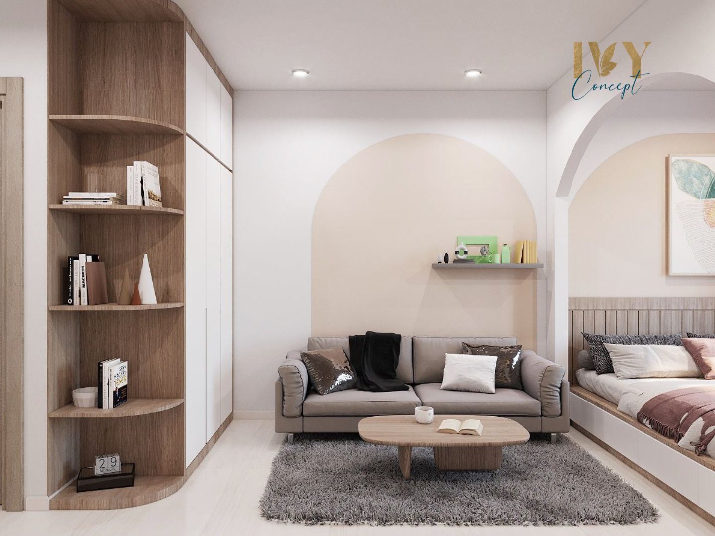 Phòng khách, phong cách Nhật Bản x Bắc Âu Japandi, thiết kế concept nội thất, căn hộ studio Vinhomes Quận 9