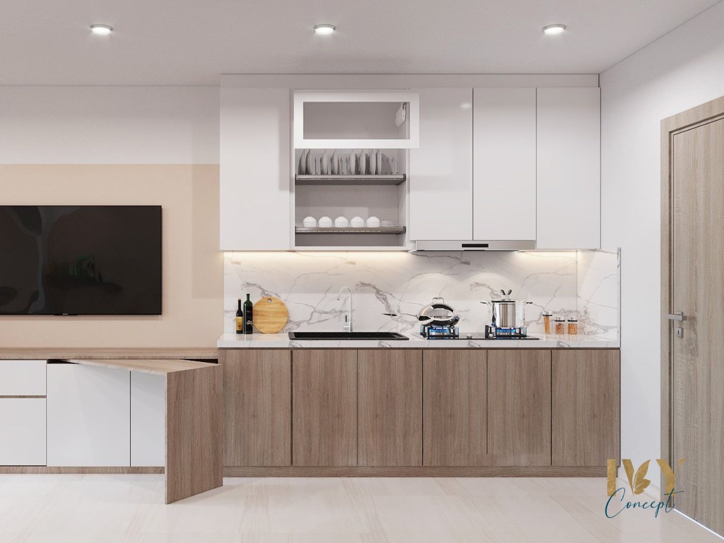 Phòng bếp, phong cách Nhật Bản x Bắc Âu Japandi, thiết kế concept nội thất, căn hộ studio Vinhomes Quận 9