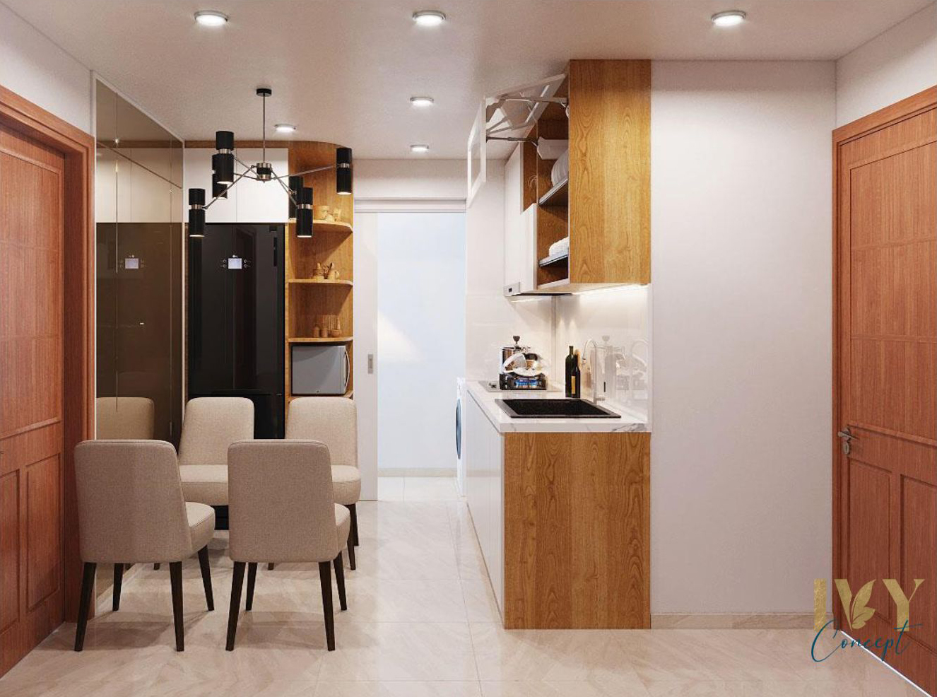 Phòng bếp, phòng ăn, phong cách Bắc Âu Scandinavian, thiết kế concept nội thất, căn hộ The CBD Premium Home