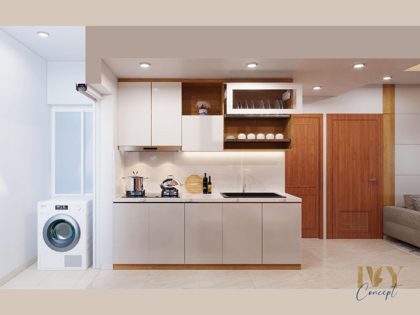 Phòng bếp, phong cách Bắc Âu Scandinavian, thiết kế concept nội thất, căn hộ The CBD Premium Home