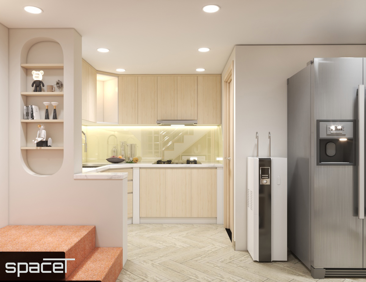 Phòng bếp, phong cách Bắc Âu Scandinavian, thiết kế concept nội thất, nhà phố Cao Văn Lầu Quận 6