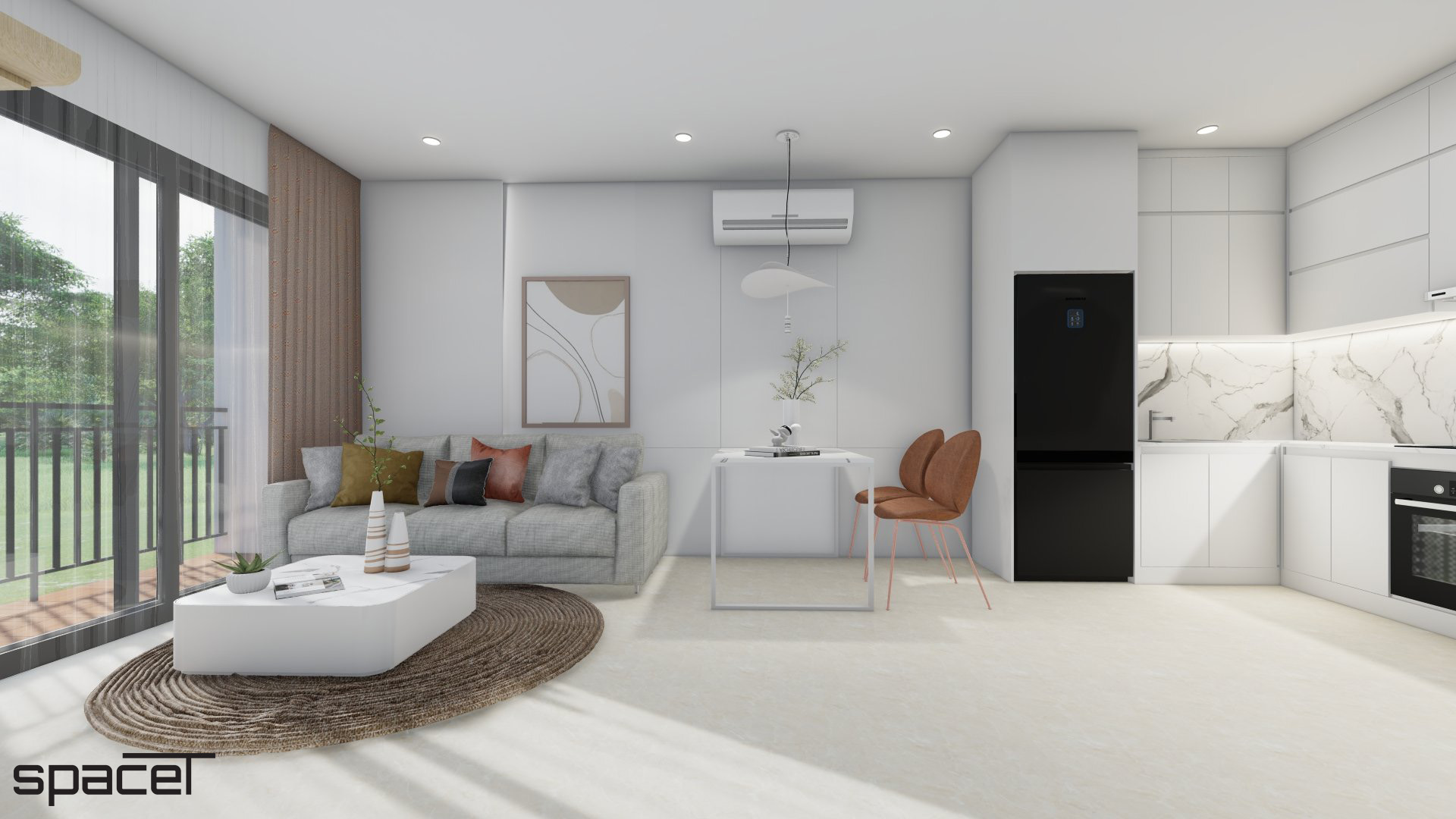 Phòng bếp, phòng ăn, phòng khách, phong cách Tối giản Minimalist, thiết kế concept nội thất, căn hộ The Origami Vinhomes Quận 9