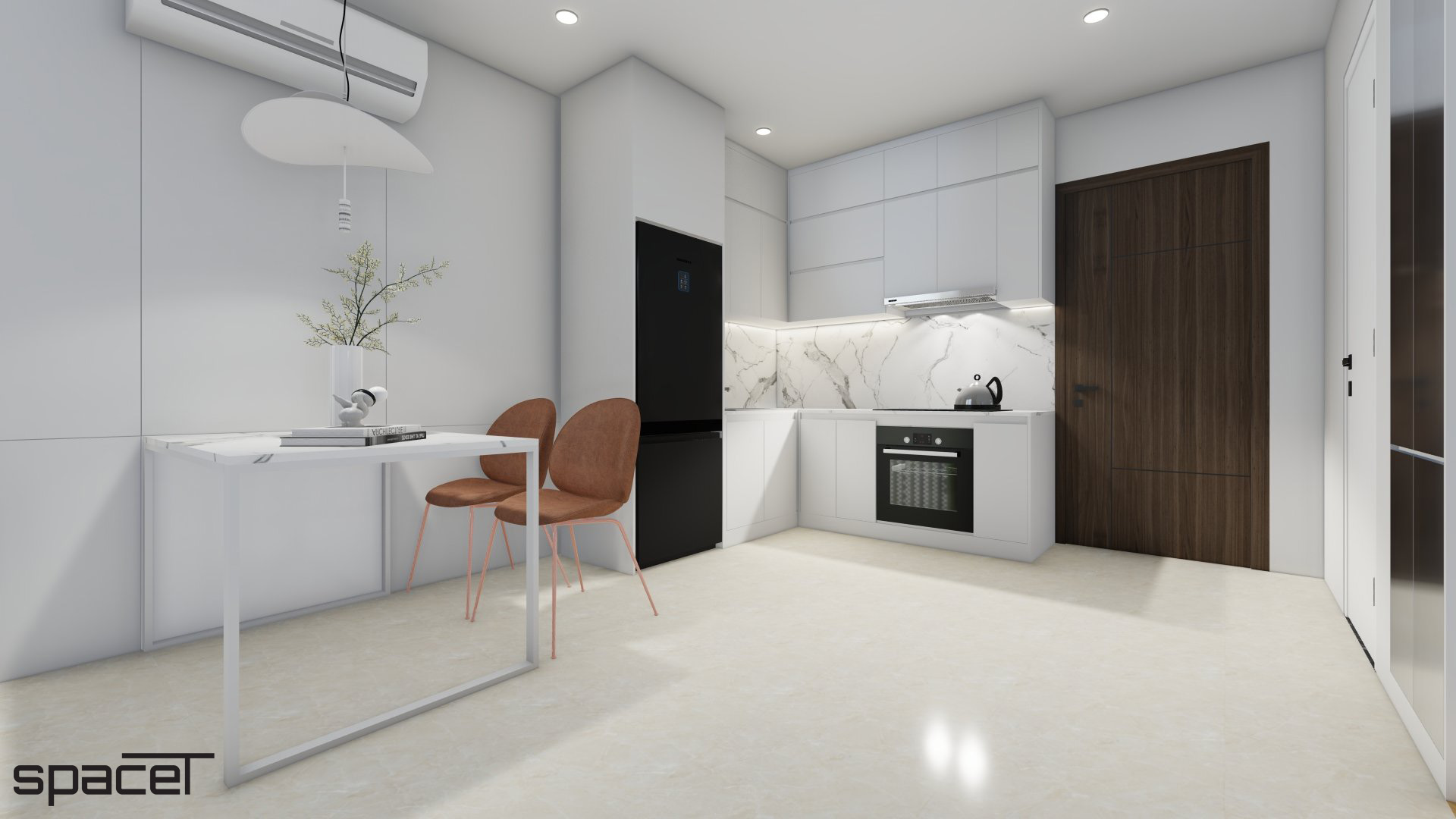 Phòng bếp, phòng ăn, phong cách Tối giản Minimalist, thiết kế concept nội thất, căn hộ The Origami Vinhomes Quận 9