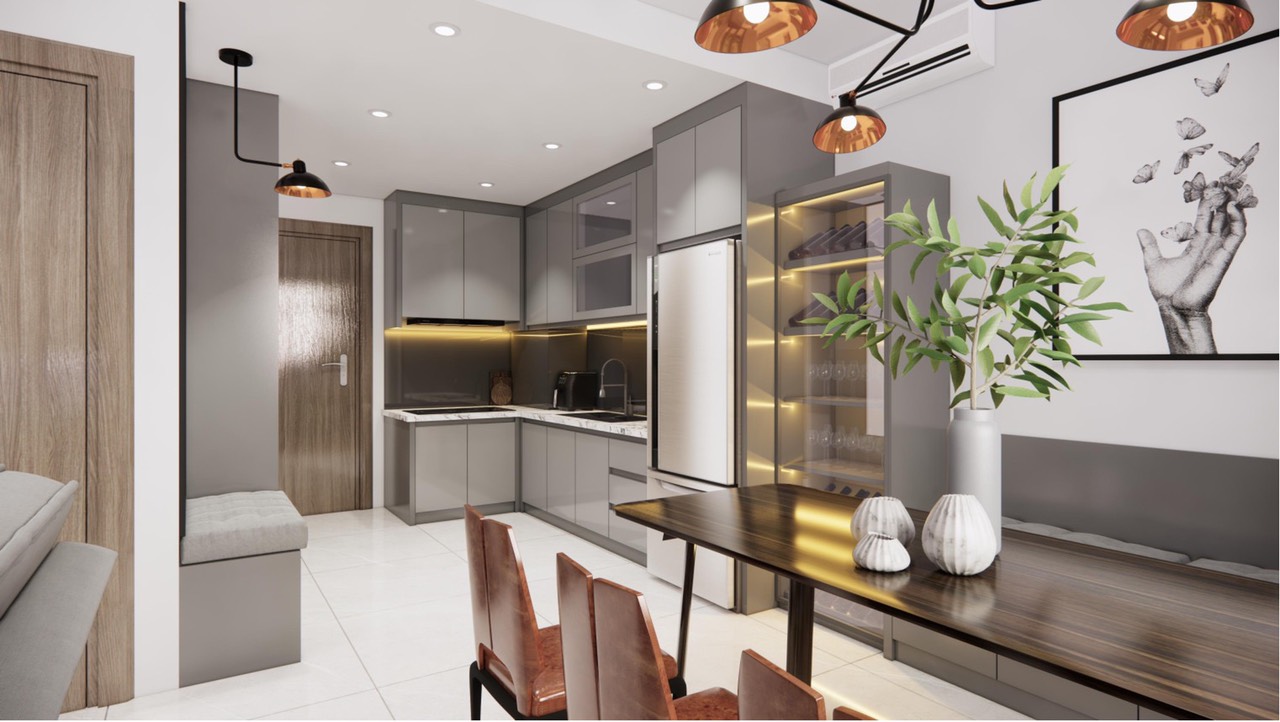 Phòng bếp, phòng ăn, phong cách Hiện đại Modern, thiết kế concept nội thất, căn hộ The Origami Vinhomes Quận 9