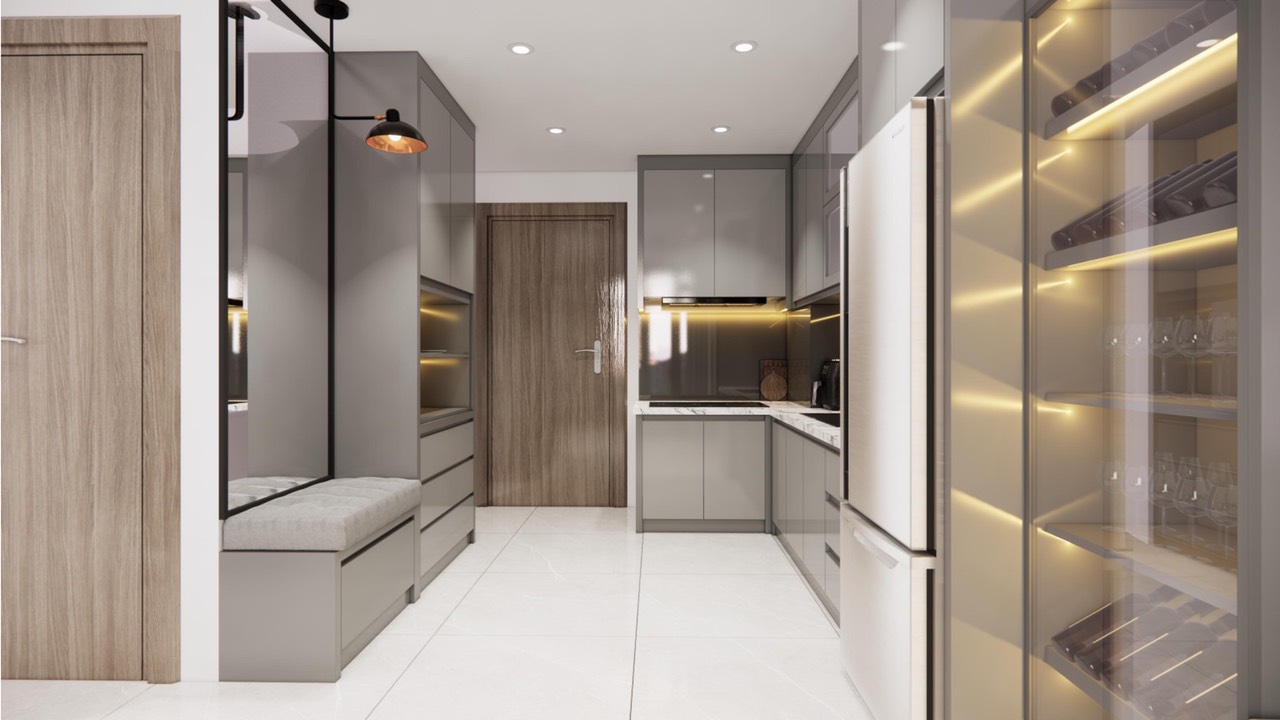 Lối vào, phòng bếp, phong cách Hiện đại Modern, thiết kế concept nội thất, căn hộ The Origami Vinhomes Quận 9