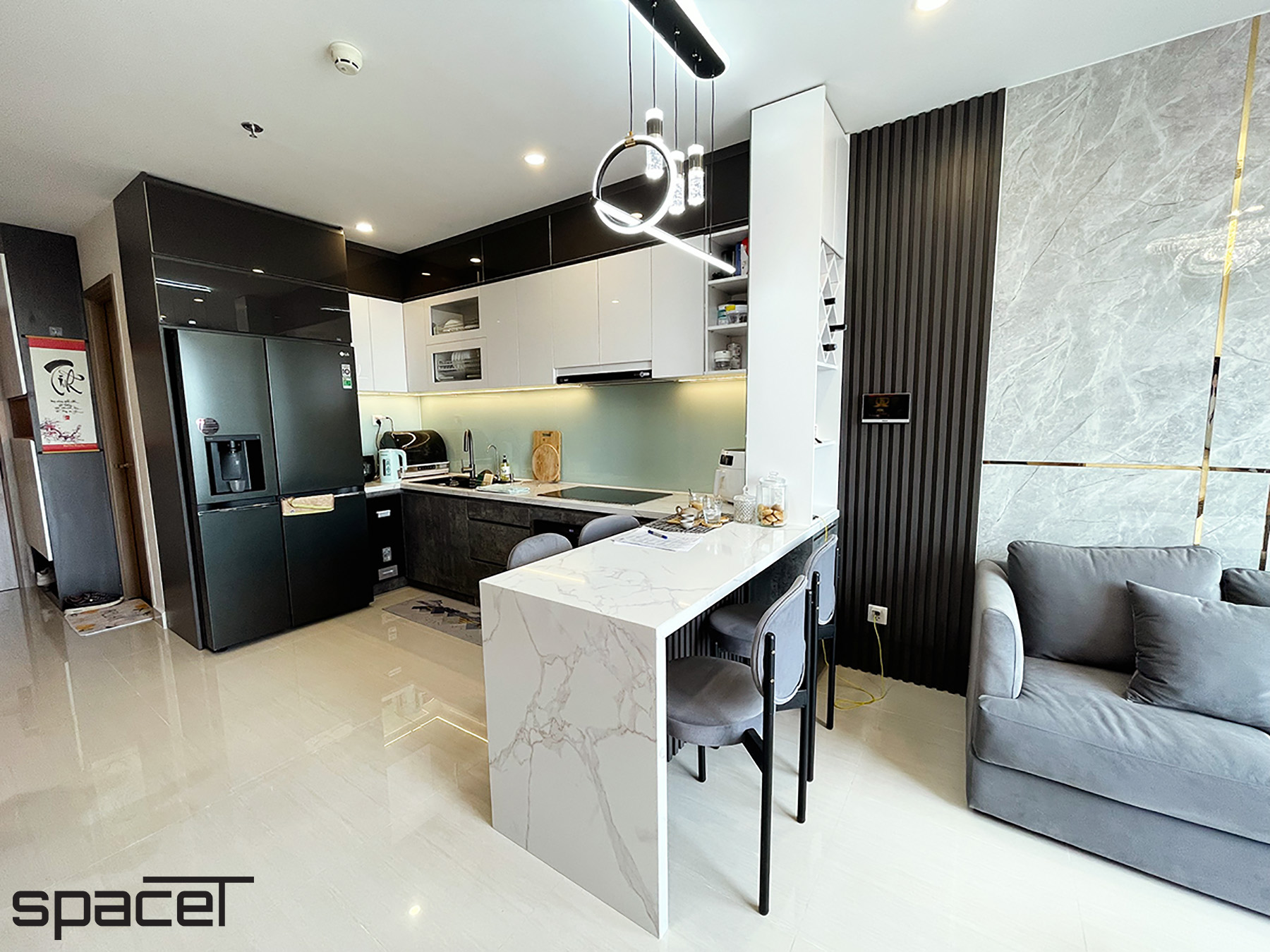 Phòng bếp, phòng ăn, phong cách Hiện đại Modern, hoàn thiện nội thất, căn hộ The Origami Vinhomes Quận 9