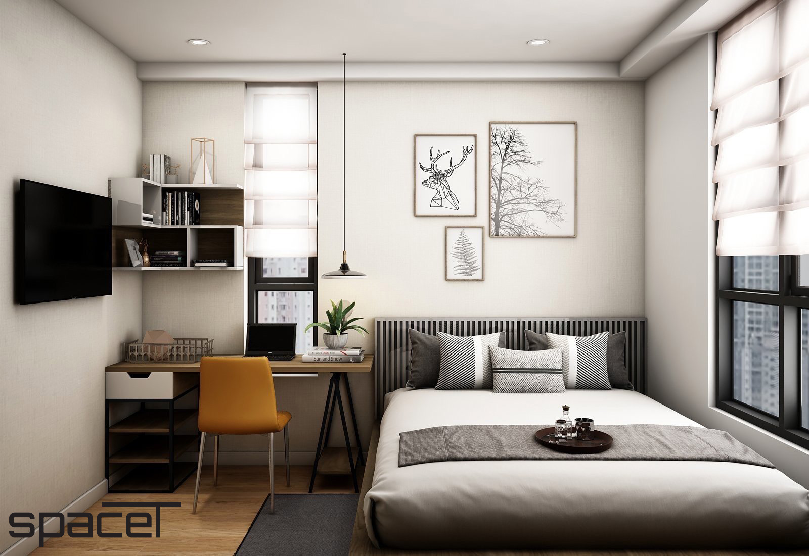 Phòng ngủ, phong cách Bắc Âu Scandinavian, phong cách Hiện đại Modern, thiết kế concept nội thất, căn hộ Homyland 2