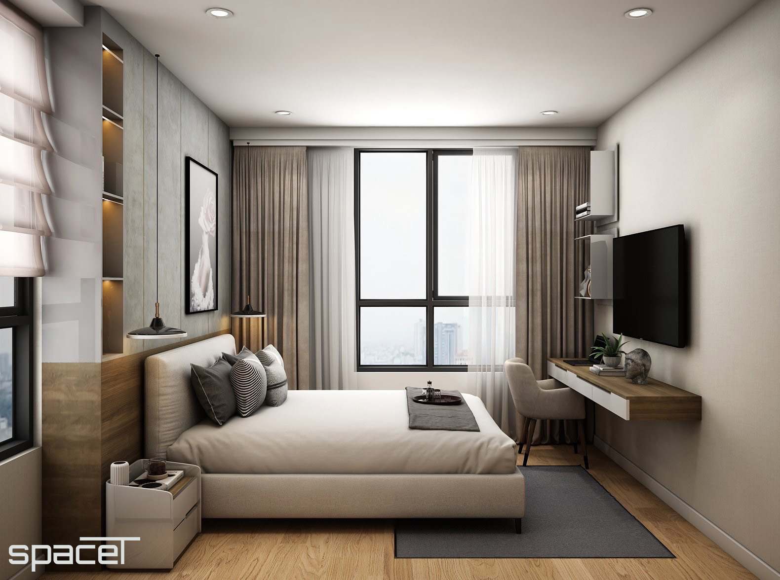 Phòng ngủ, phong cách Hiện đại Modern, thiết kế concept nội thất, căn hộ Homyland 2